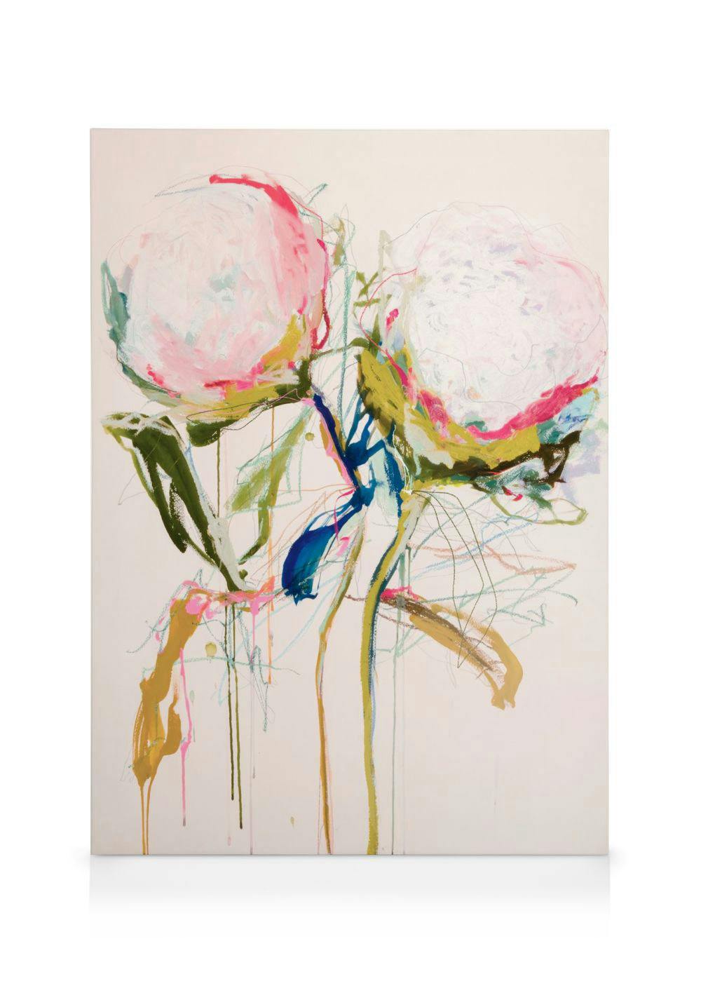Leinwandbild mit abstrakten Pfingstrosen, rosa Blüten, grünen Blättern und heruntertropfender Farbe. Modernes Kunstwerk von Leig