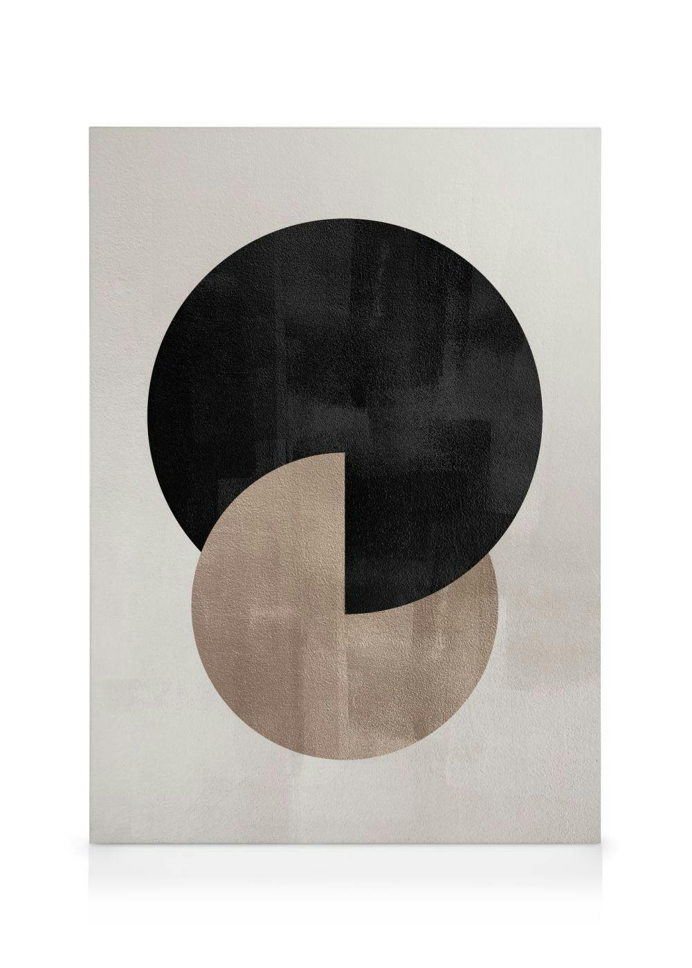 Grafisches Leinwandbild mit überlappenden Kreisen in Schwarz und Beige auf beigefarbenem Hintergrund, geometrisches Design.