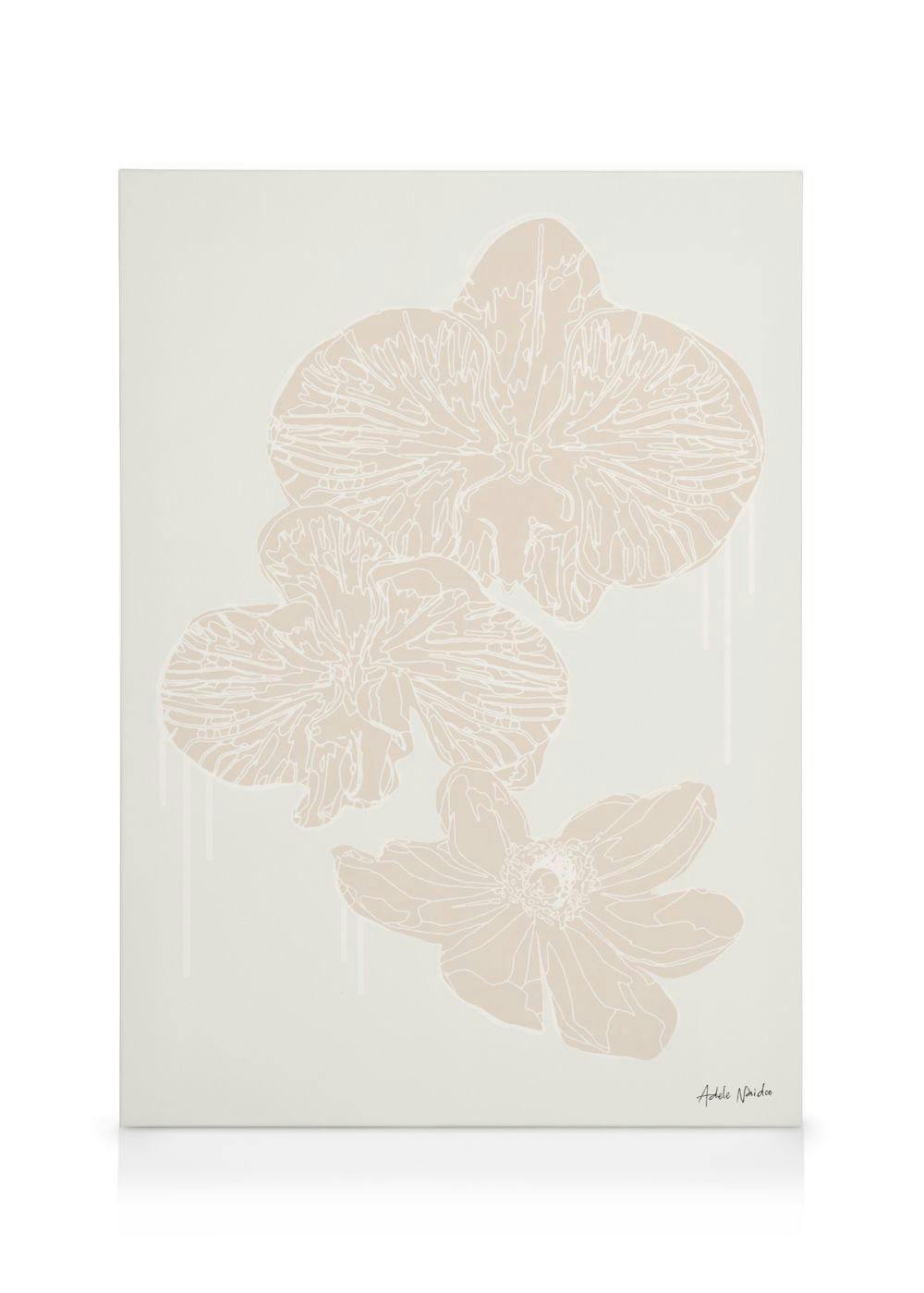 Santorini canvas by Adele Naidoo, depicting a white villa overlooking the blue Aegean Sea, with blooming pink flowers.
