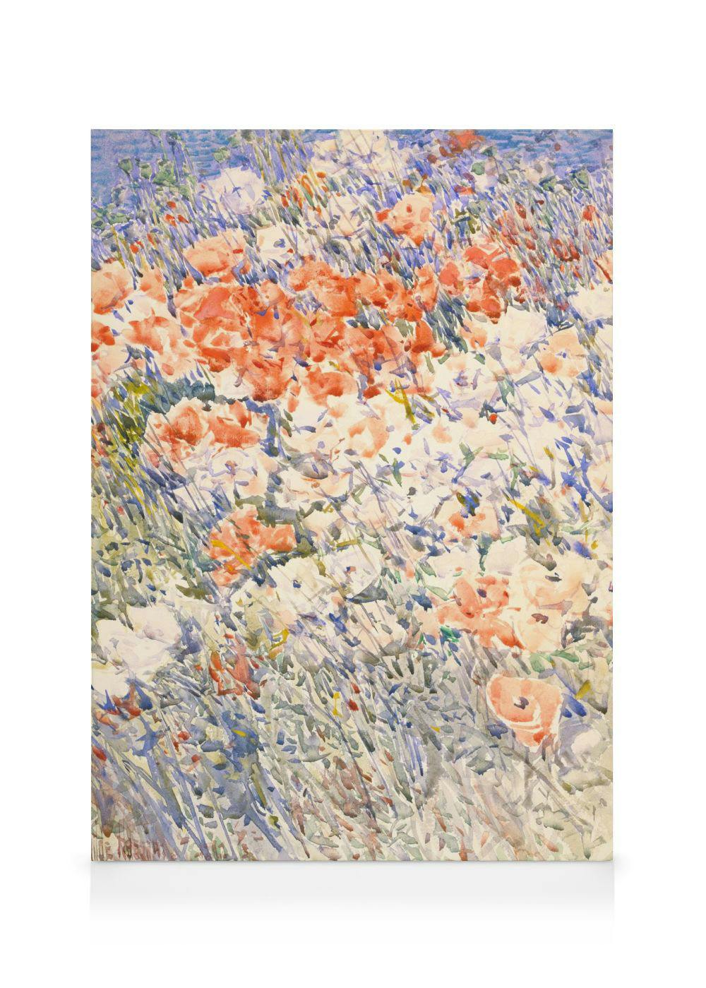 Frederick Childe Hassam - The Island Garden lerret, fargerik blomstereng med oransje, hvite og blå toner.