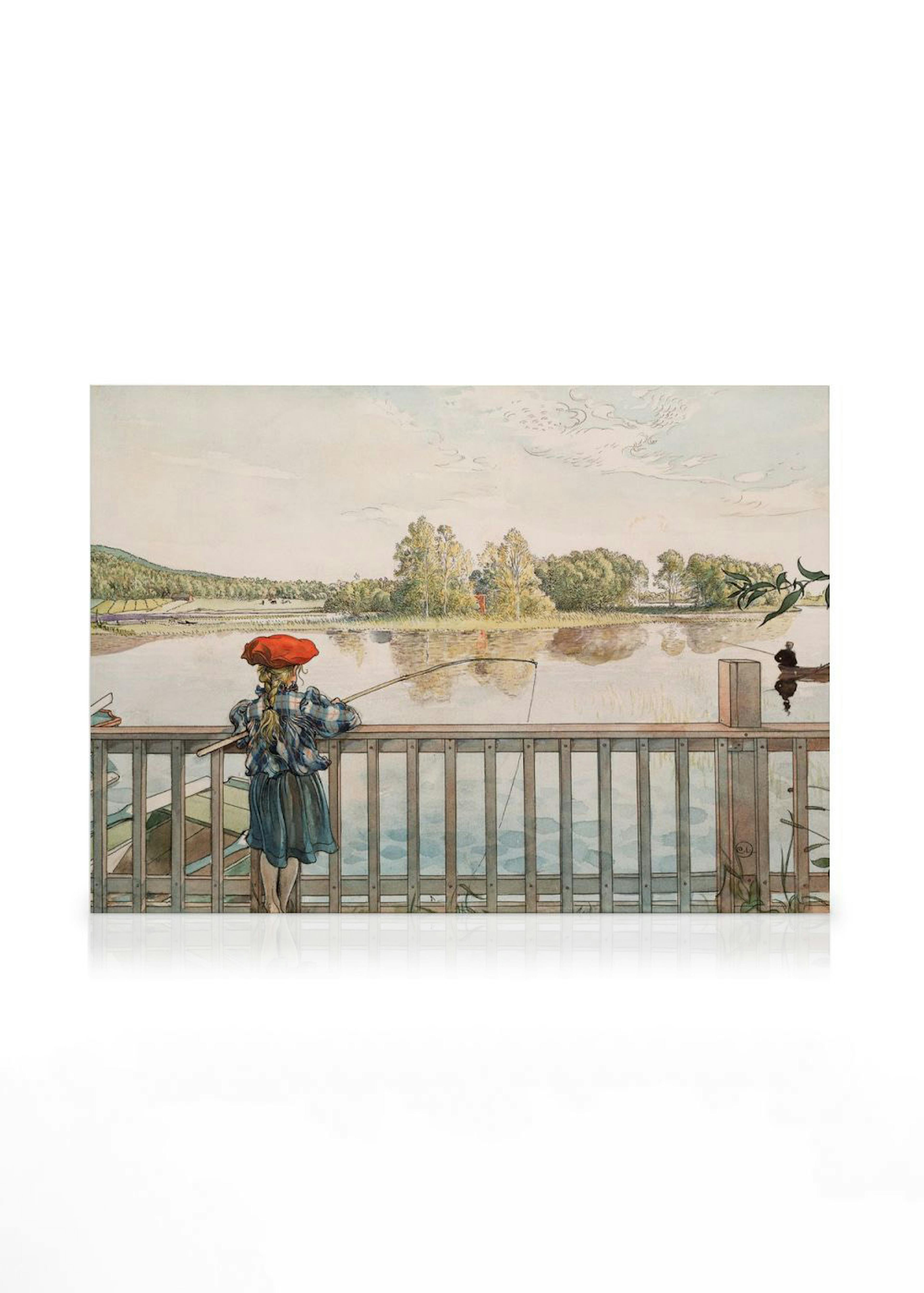 Carl Larsson målning av Lisbeth som fiskar från en träbrygga, med lugn sjö och grönska. Akvarellkonst med nostalgisk charm.