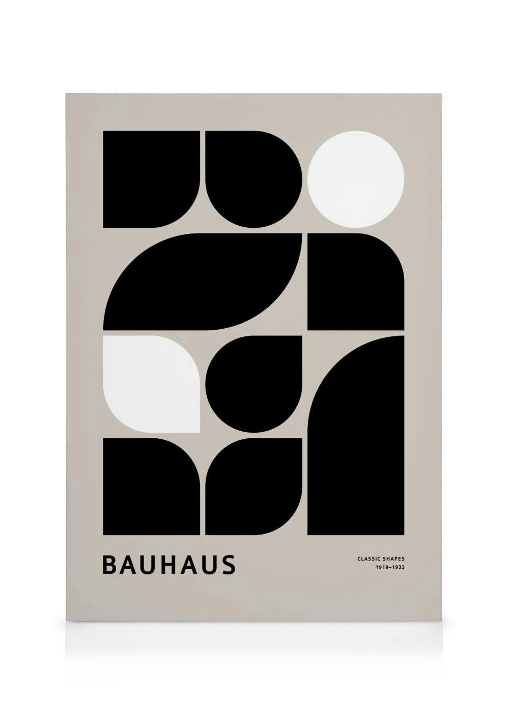 Toile Bauhaus avec formes géométriques noires et blanches, cercles et demi-cercles, sur fond beige clair, texte Bauhaus