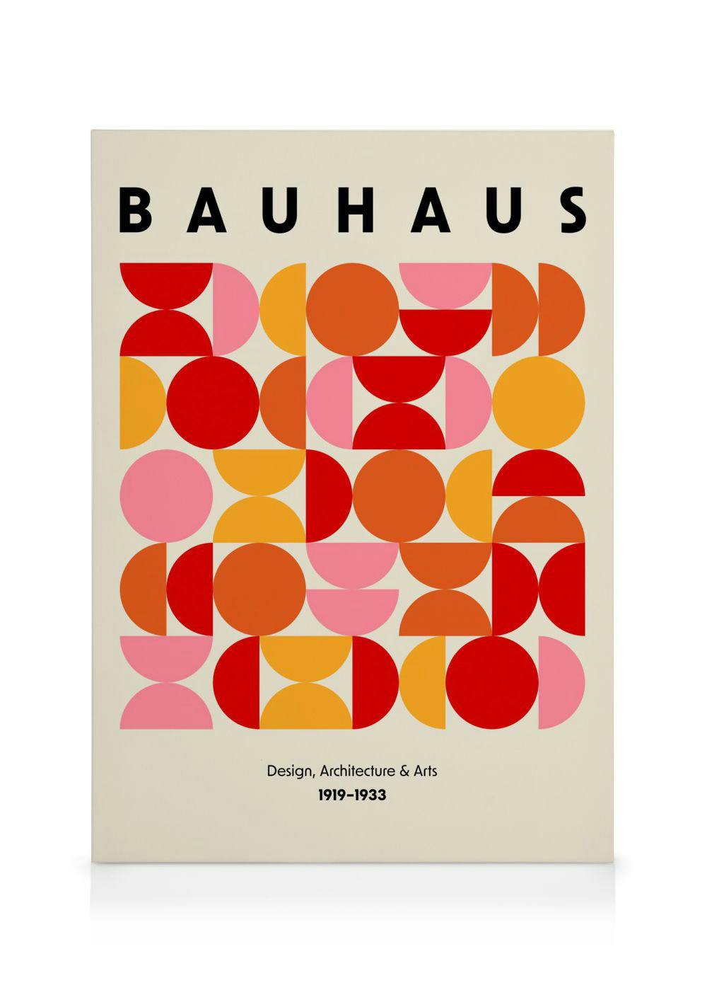 Bauhaus Leinwandbild: abstraktes Muster aus Halbkreisen und Kreisen in Rot, Orange, Gelb und Rosa, beige Hintergrund.