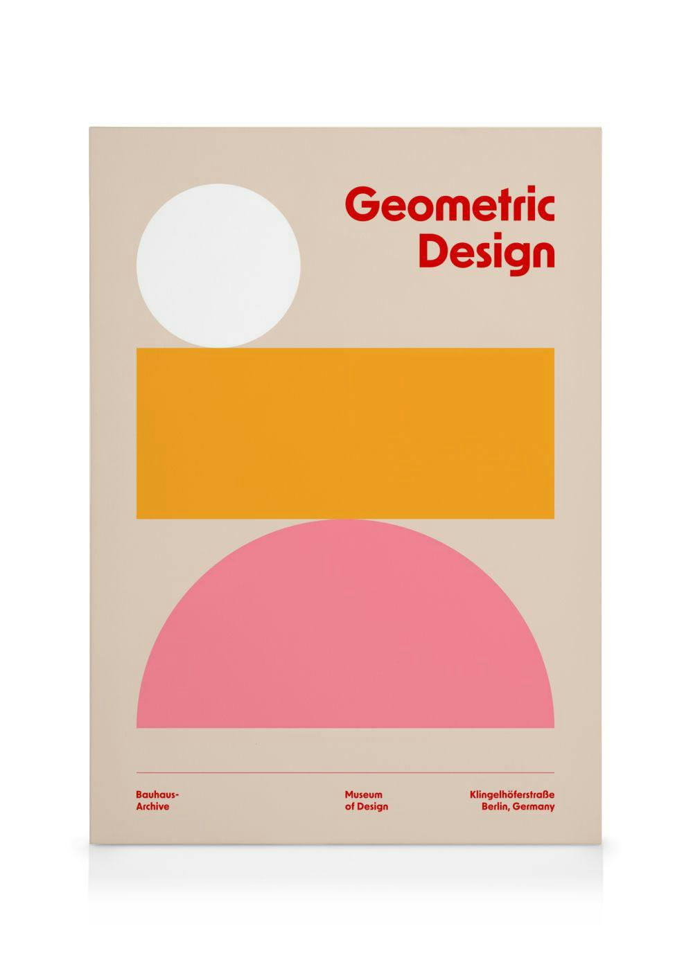 Geometrisches Design Leinwandbild mit weißem Kreis, orangefarbenem Rechteck und rosa Halbkreis auf beigem Hintergrund.