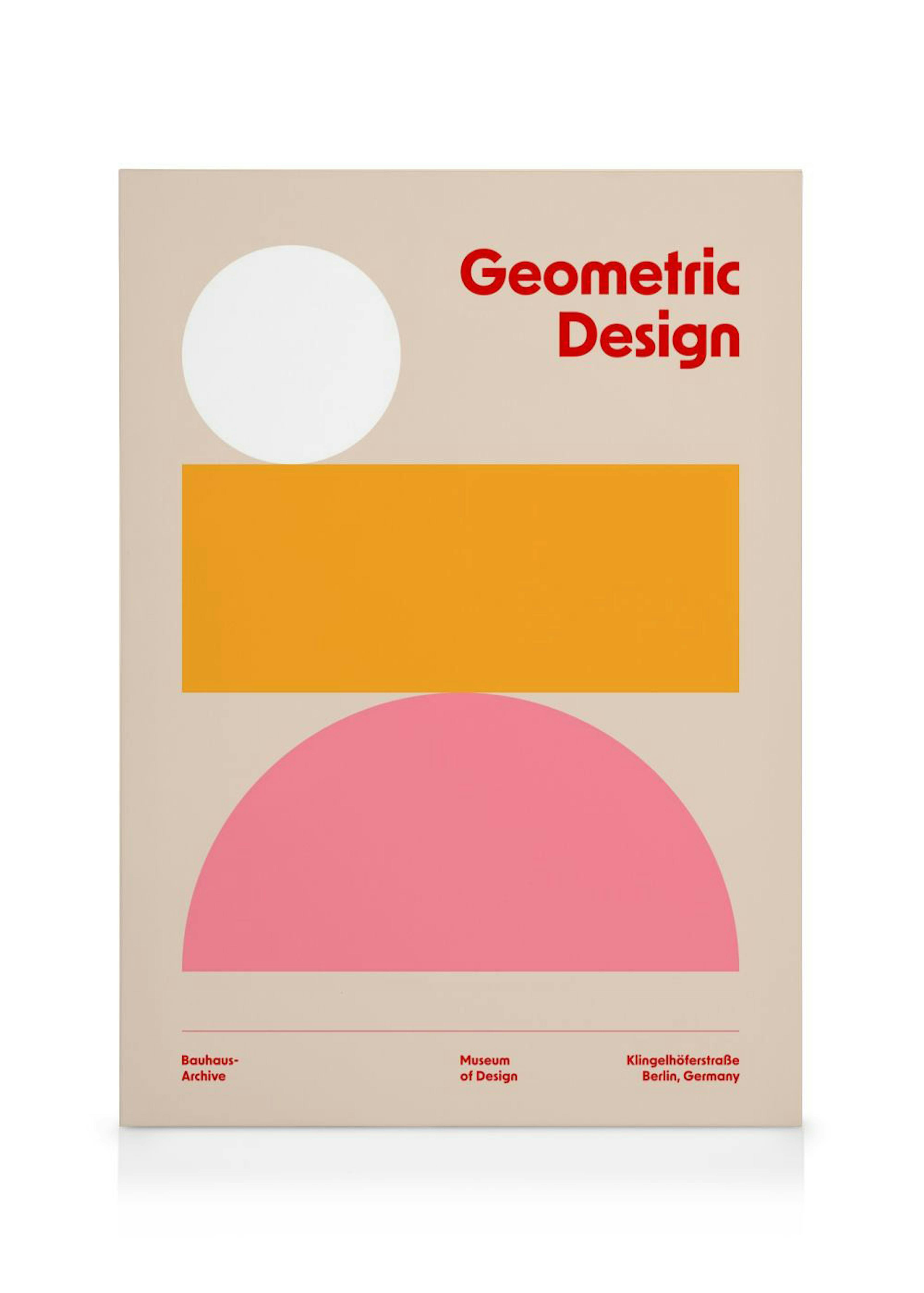 Geometric design canvas with a white circle, orange rectangle, and pink half-circle on a beige background.