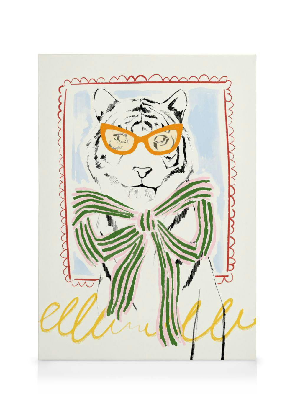 Stijlvolle canvas kunst van een witte tijger met oranje bril en groene strik, op beige achtergrond met blauwe en rode randen.