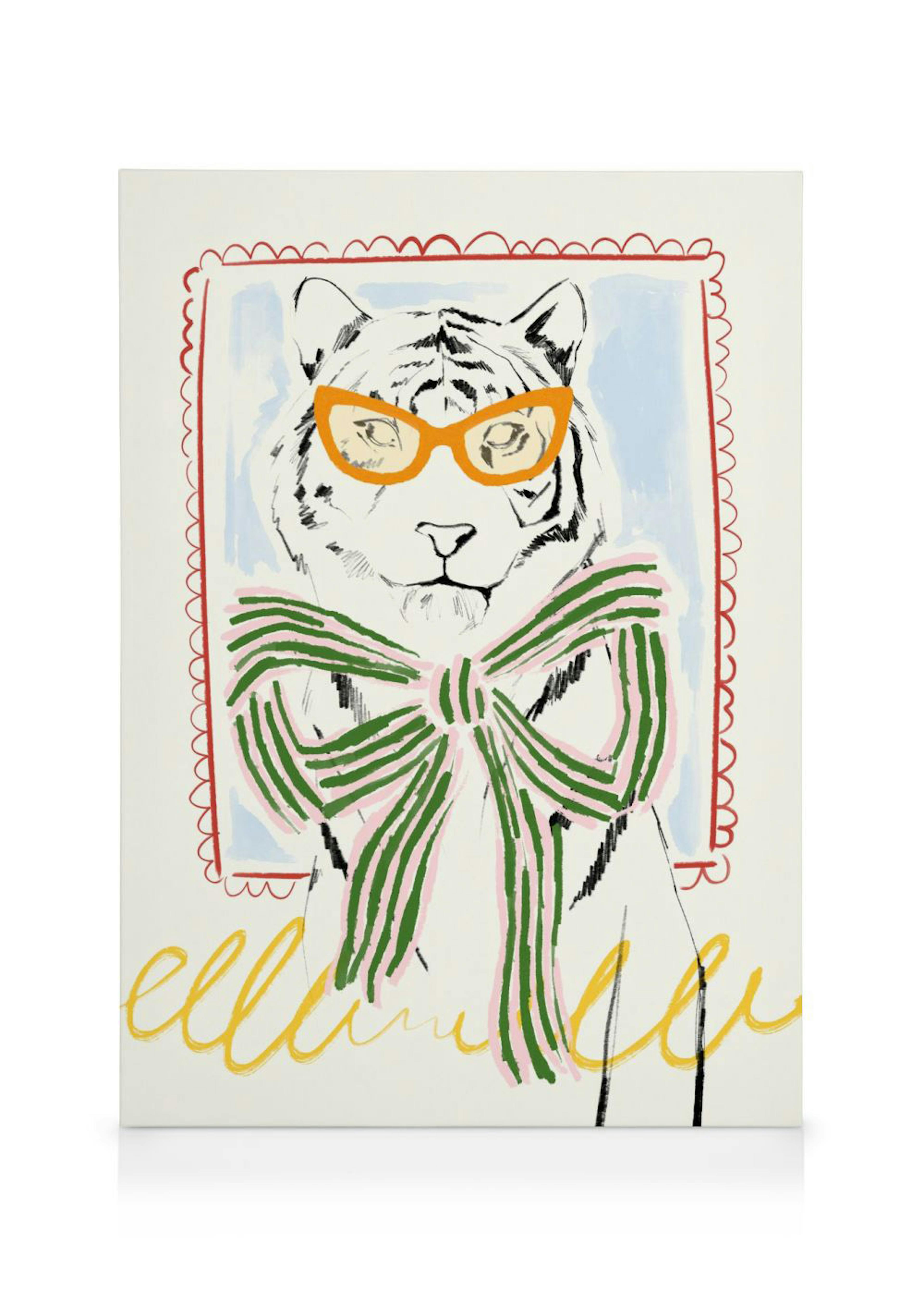 Stijlvolle canvas kunst van een witte tijger met oranje bril en groene strik, op beige achtergrond met blauwe en rode randen.