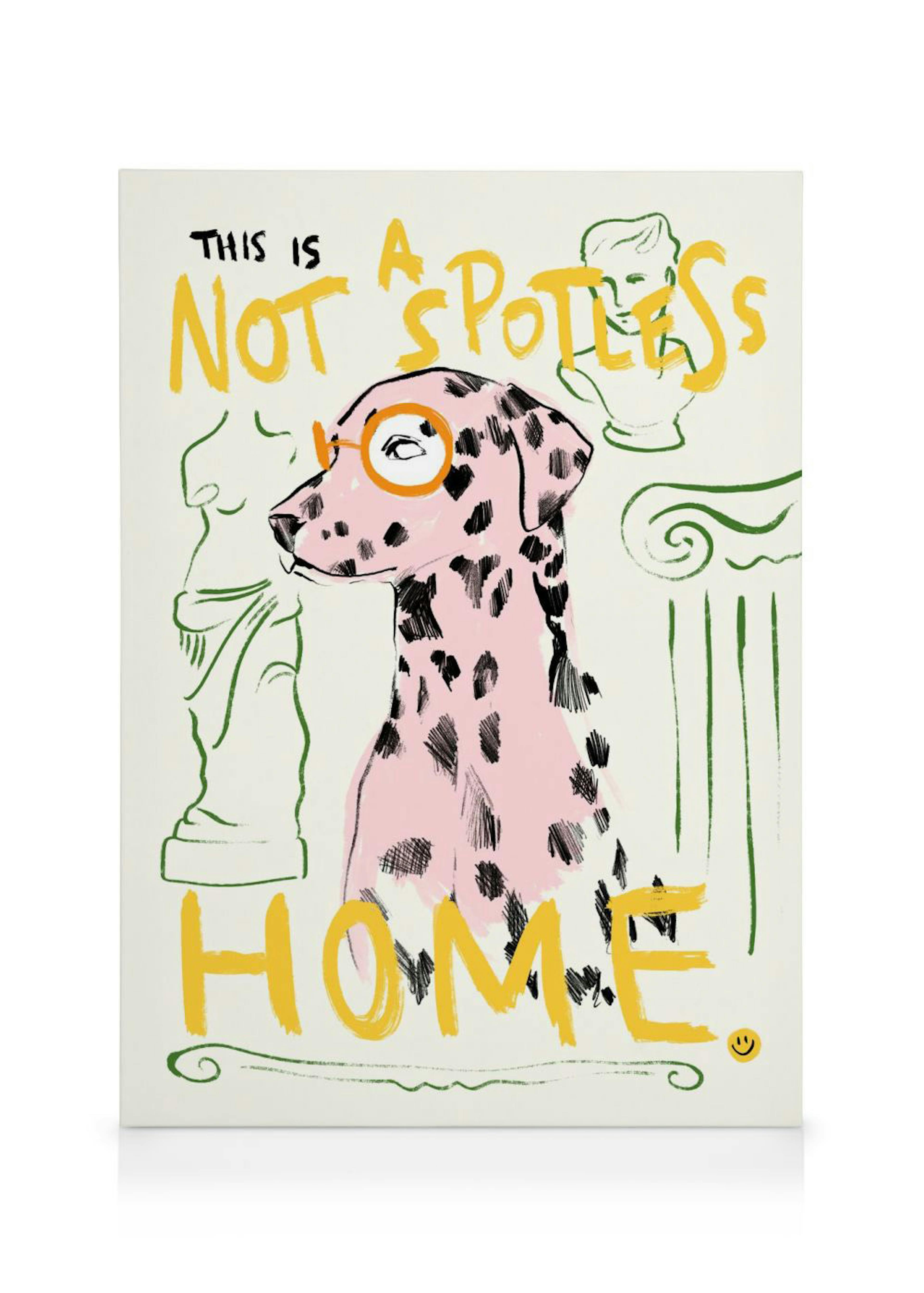 Pink-spotted dog in orange glasses, with This Is Not A Spotless Home in yellow text. Green column and bust in background.