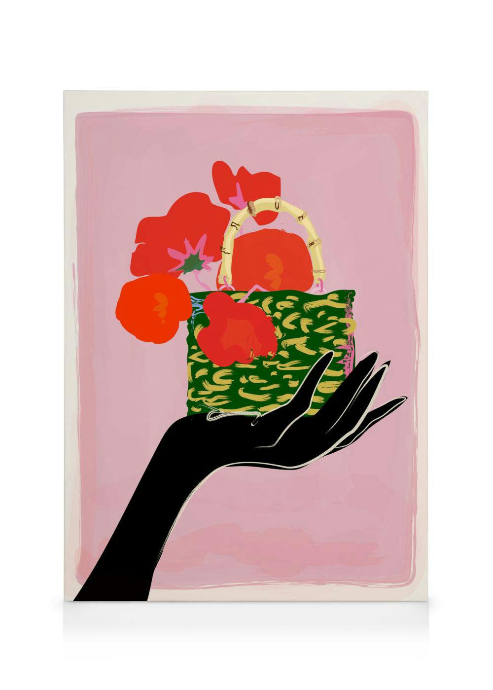 Rachel Joanis art print featuring a black hand holding a green handbag with red poppies, on a pink background.