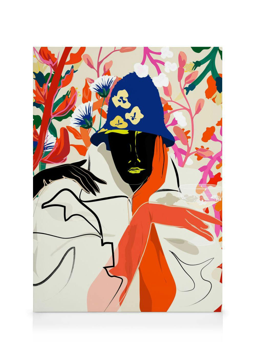 Toile avec illustration stylisée dune personne en chapeau et écharpe, sur fond floral abstrait et coloré.