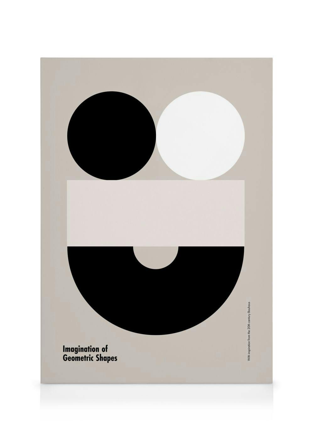 Toile avec typographie et formes géométriques noires et blanches sur fond beige.