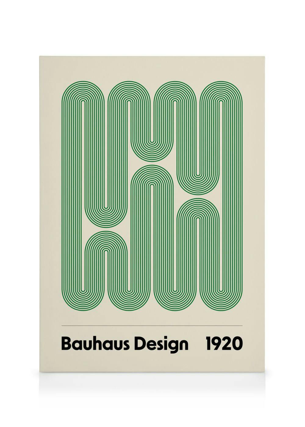 Bauhaus-inspired canvas print with green geometric swirls and curved lines on a light background. Modernist art decor.