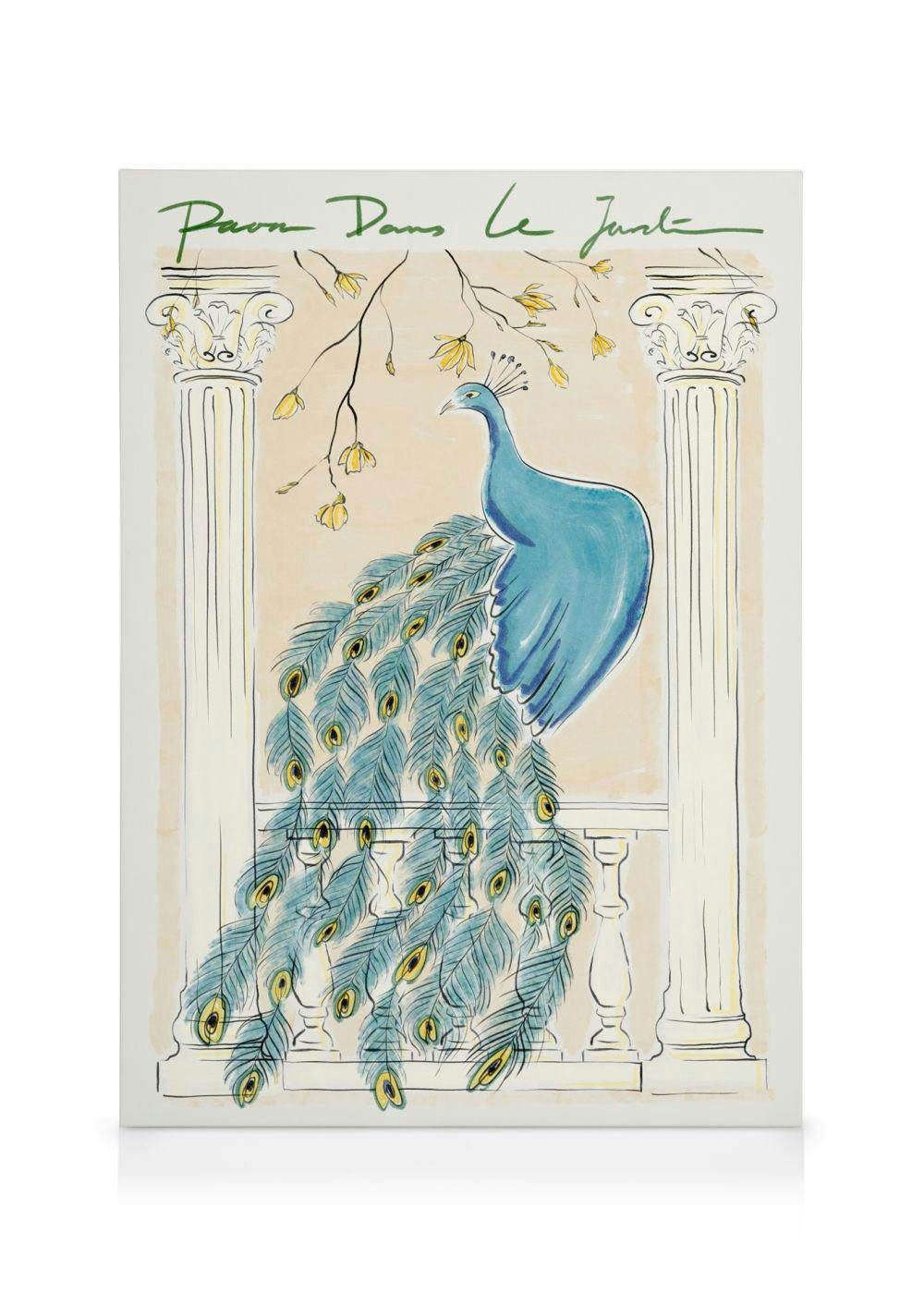 Blue peacock art on a balcony with white columns and yellow flowers, cream background, detailed feathers.