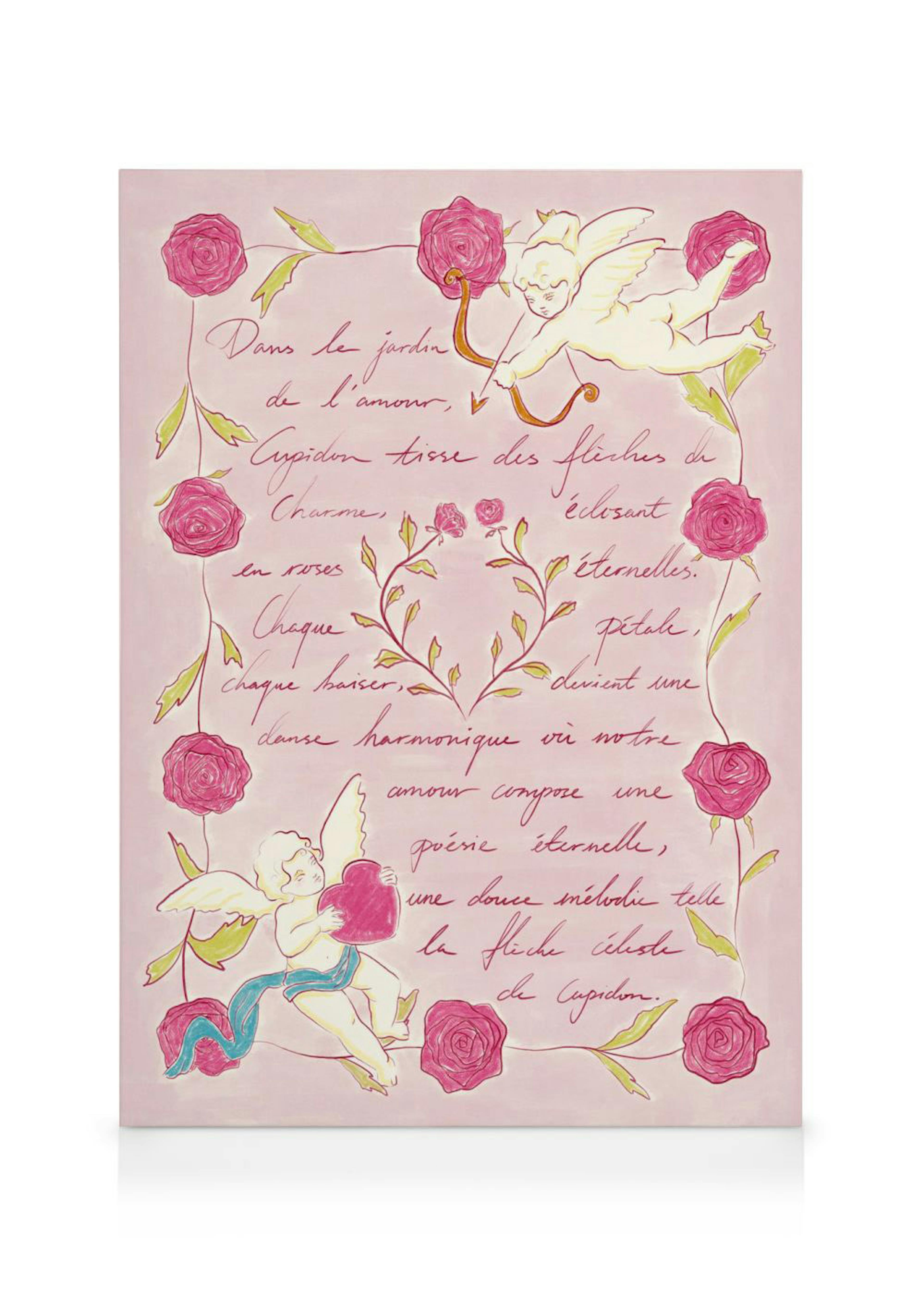 Romantic Cupids Love Letter canvas art with pink cherubs, roses, and French script, perfect for a gallery wall.