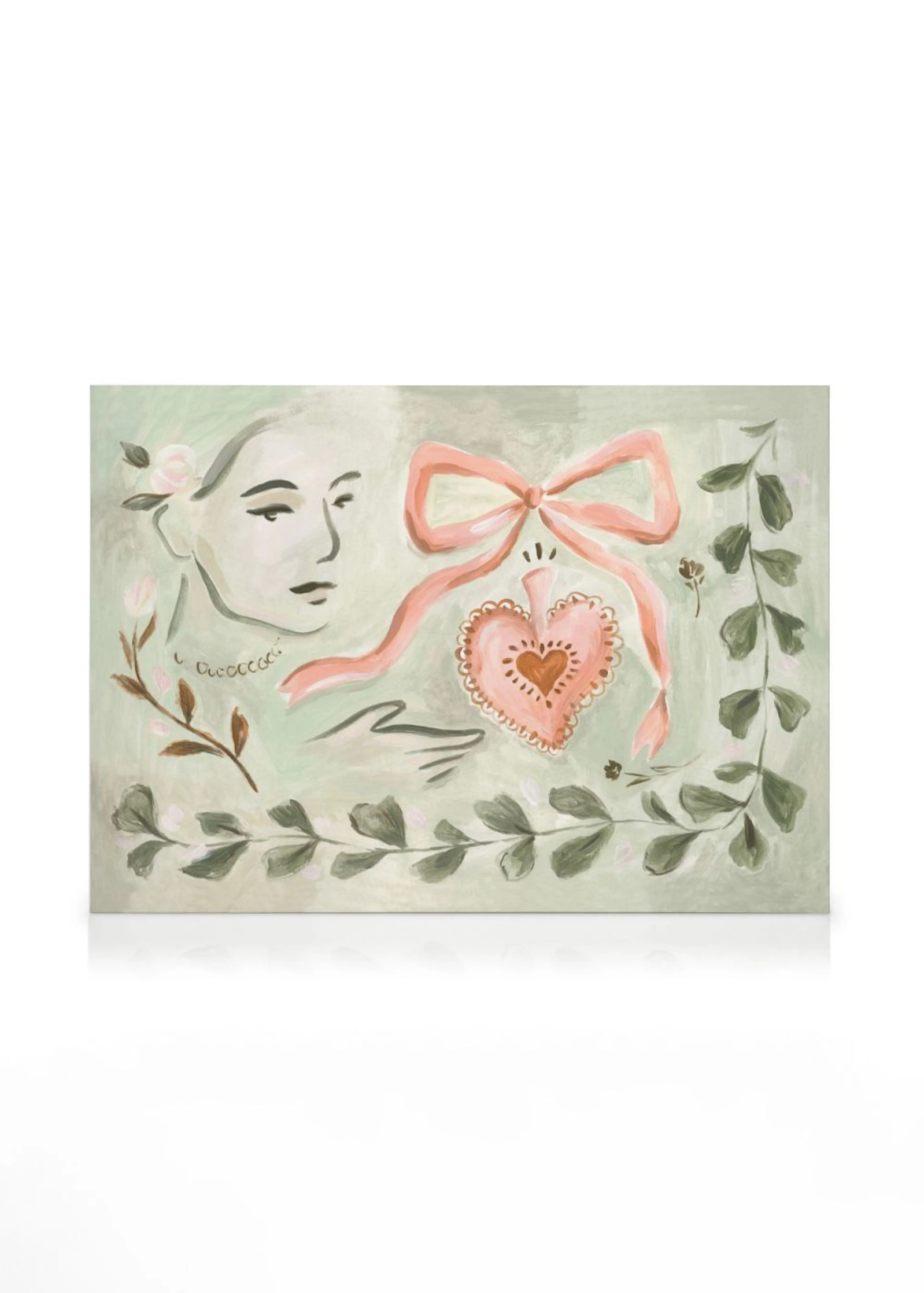 Romantic Charm canvas print: elegant woman, pink bow, heart, and green foliage on pale green background.