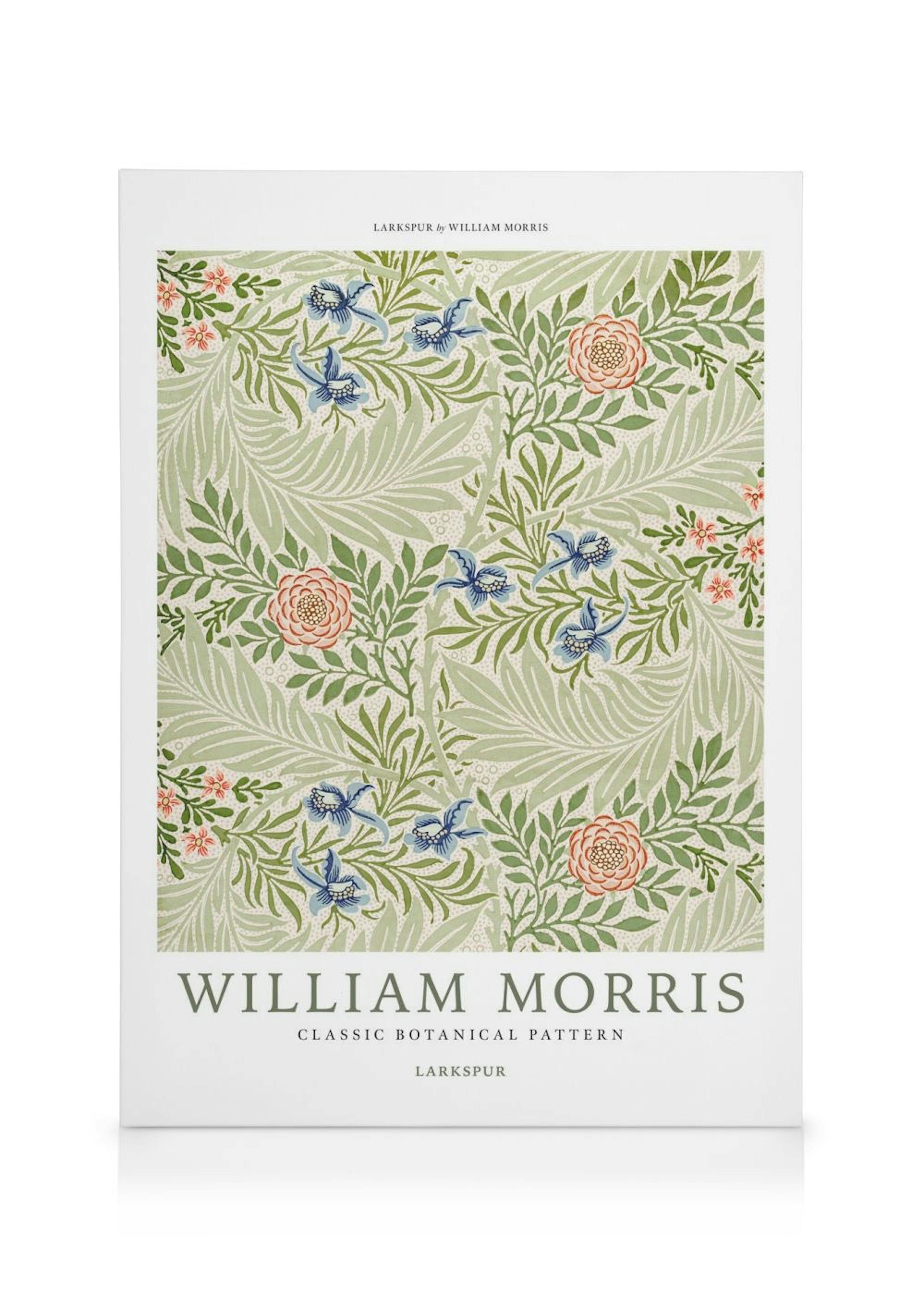 William Morris Larkspur Muster mit grünen Blättern, rosa, roten und blauen Blumen, botanische Kunst.