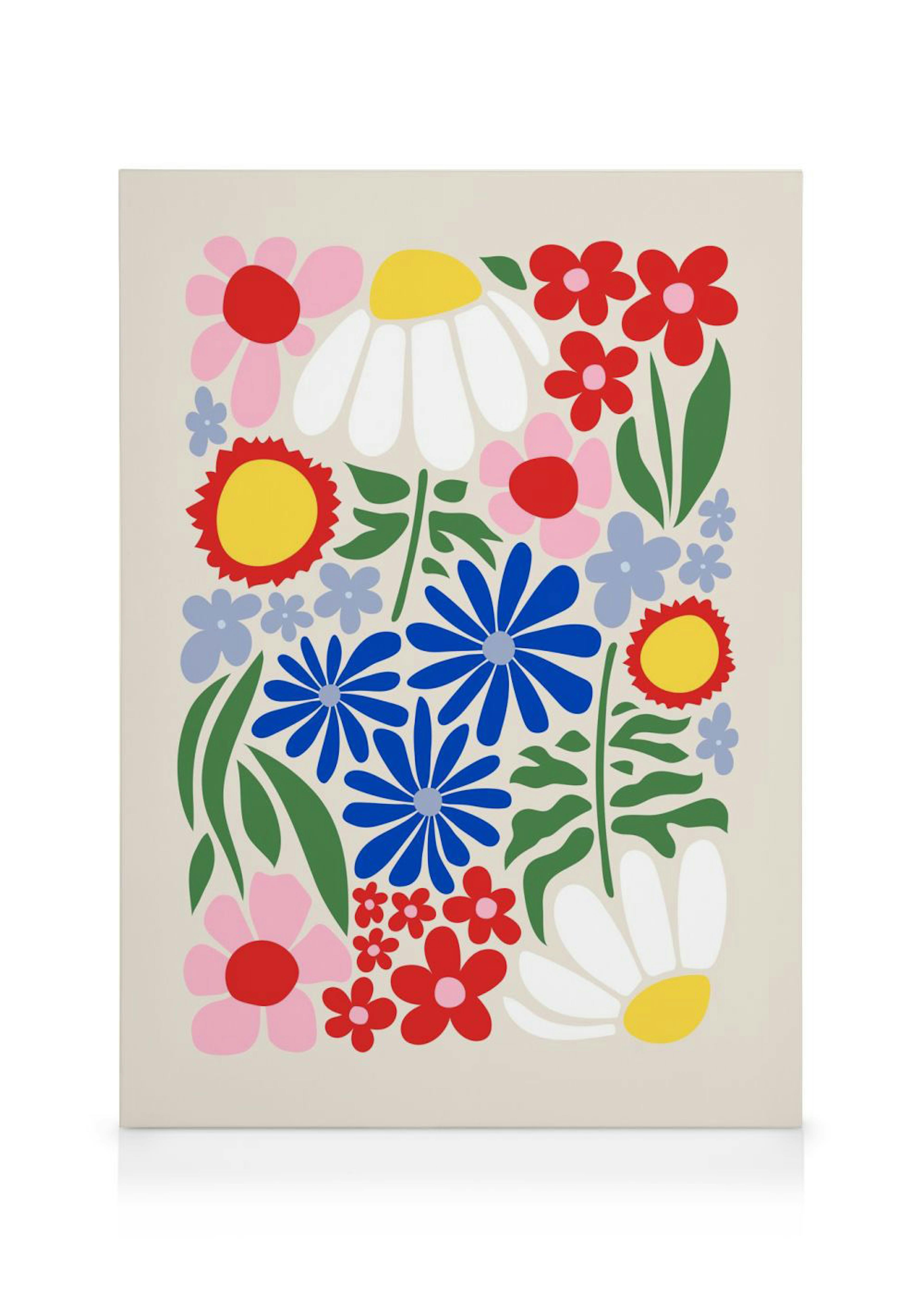 Flower Power canvas print, vibrant red, pink, yellow, blue, green flowers and leaves on a light background.