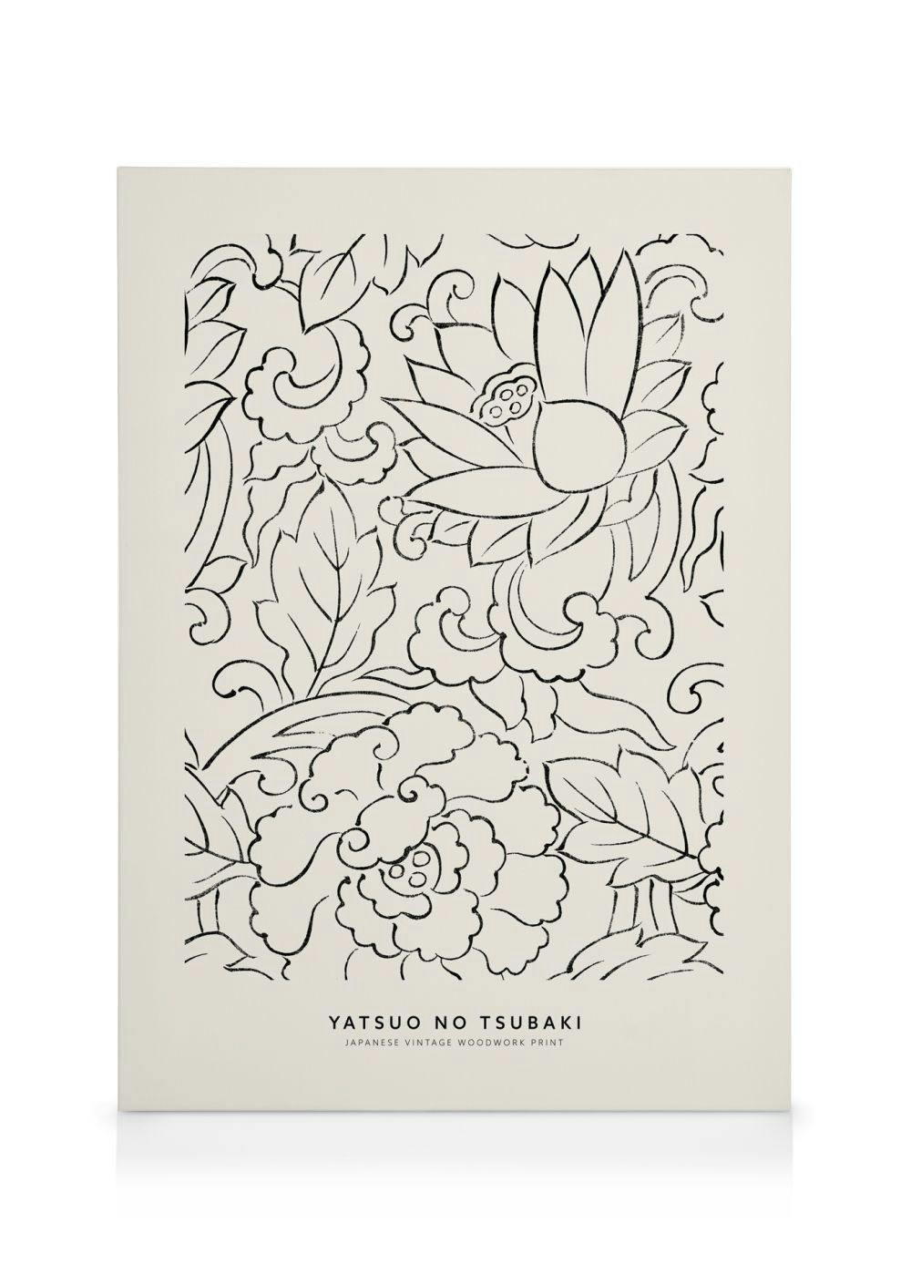 Taguchi Tomoki Yatsuo No Tsubaki No1 canvas print, black line art of Japanese lotus flowers and leaves on a cream background.