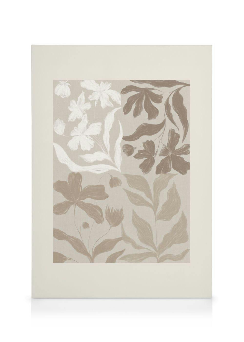Floral Squares canvas print with abstract floral patterns in white, brown, and beige tones, creating a natural aesthetic.