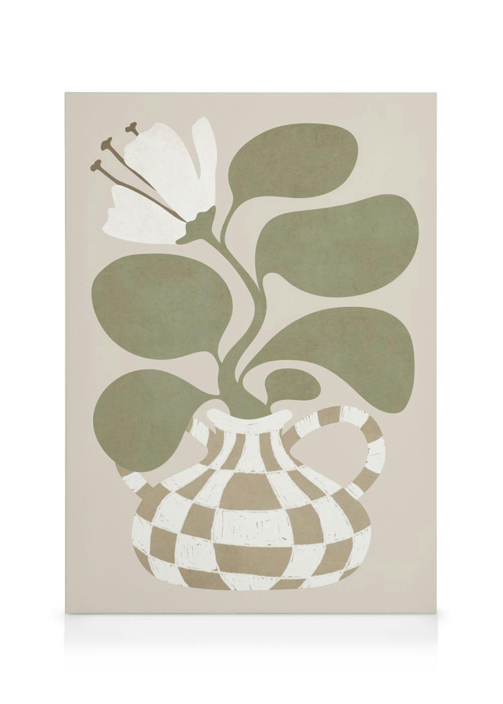 Affiche ou Toile de fleur stylisée dans un vase à carreaux, pétales blancs, feuilles vertes, fond beige. Typographie audacieuse.
