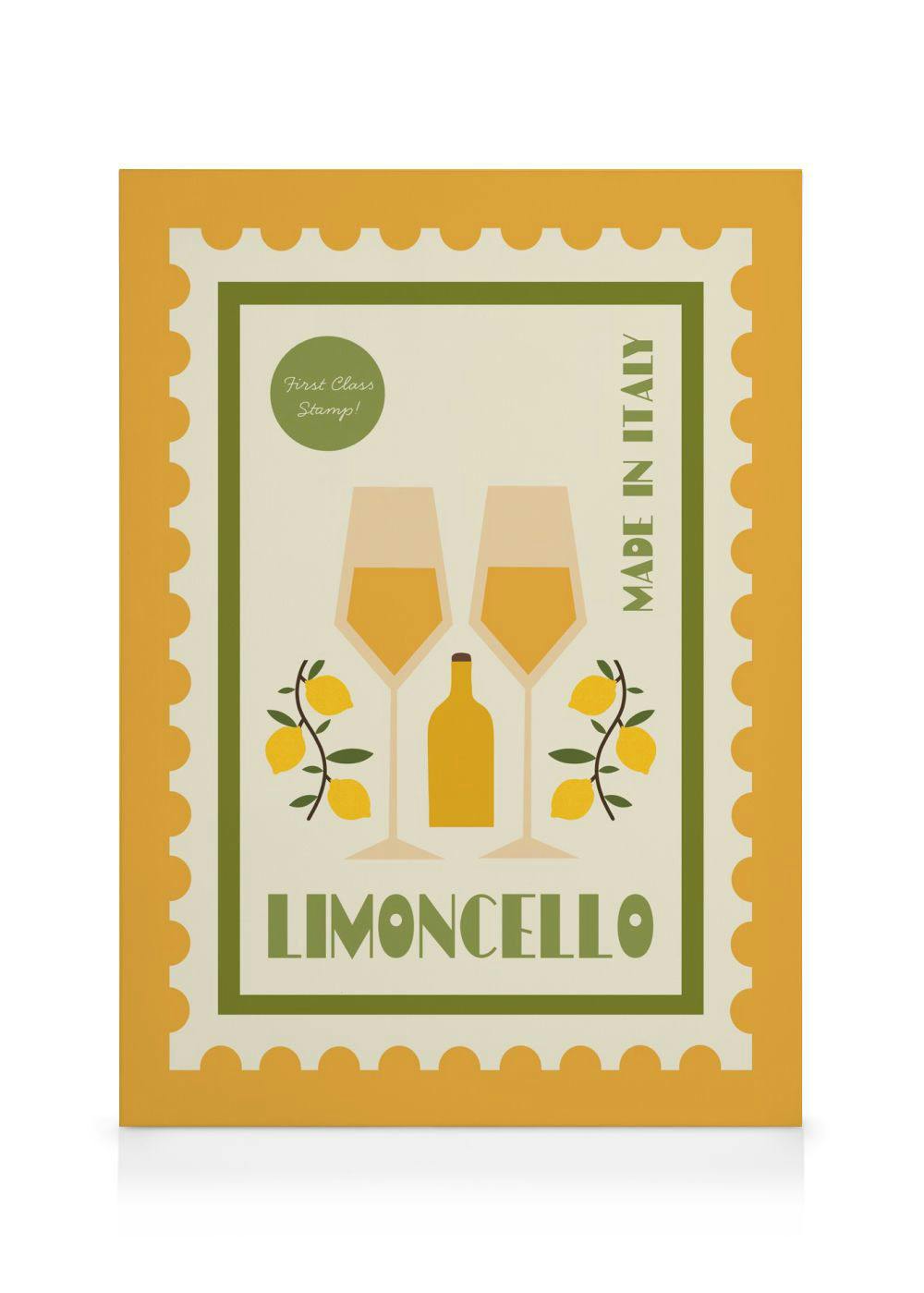 Vintage limoncello poststämpel med två glas, en flaska och citronkvistar, texten Limoncello och Made in Italy.