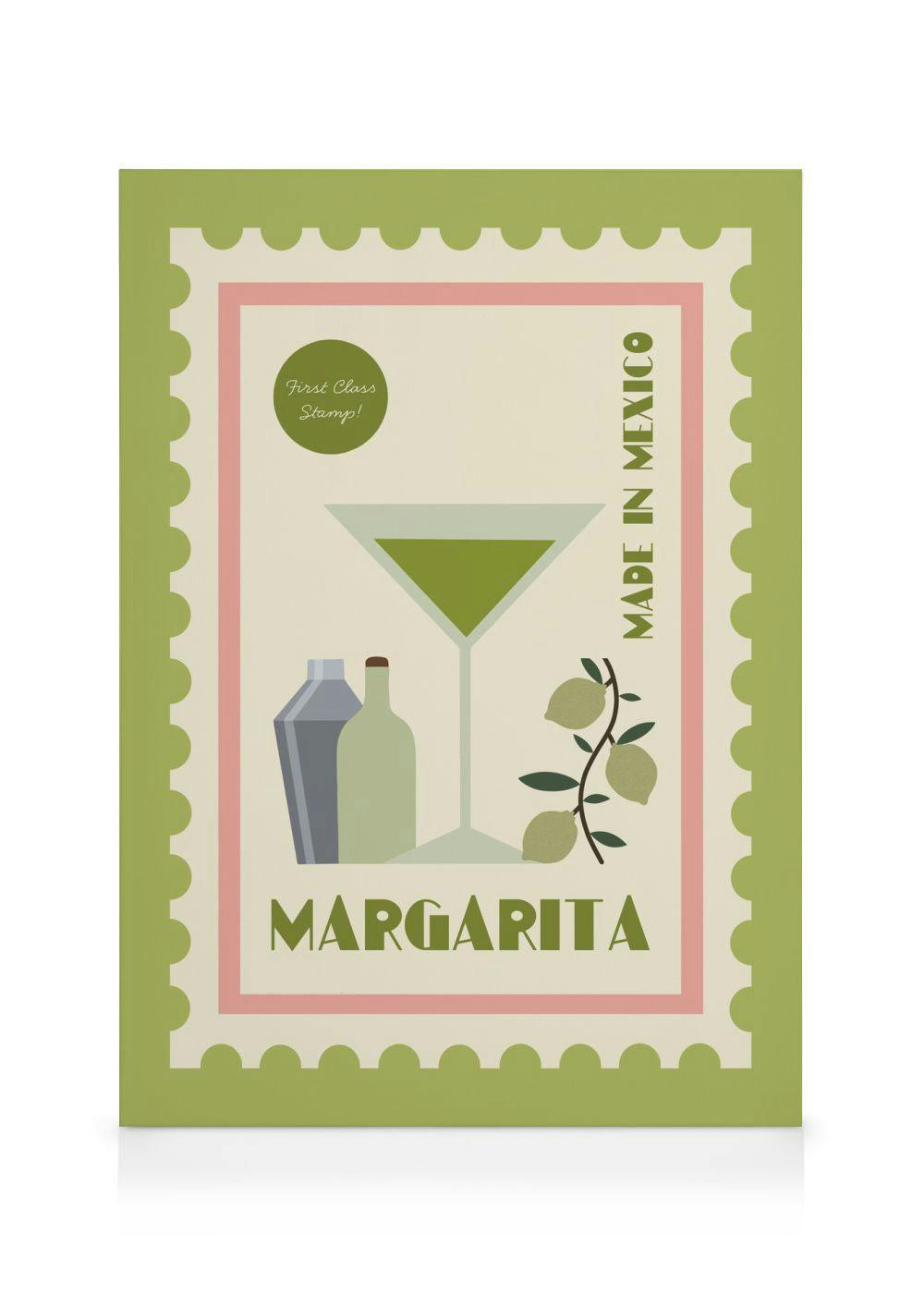 Stampa su tela francobollo messicano, bicchiere margarita, bottiglie, ramo lime su sfondo verde oliva.