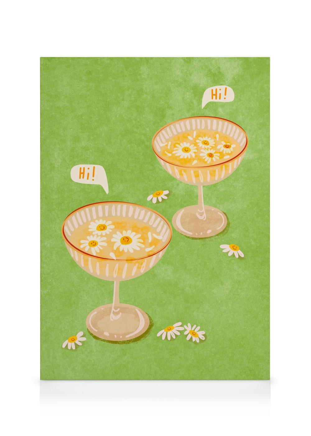 Canvas print of two glasses with orange liquid and white flowers, on a textured green background with Hi! speech bubbles.