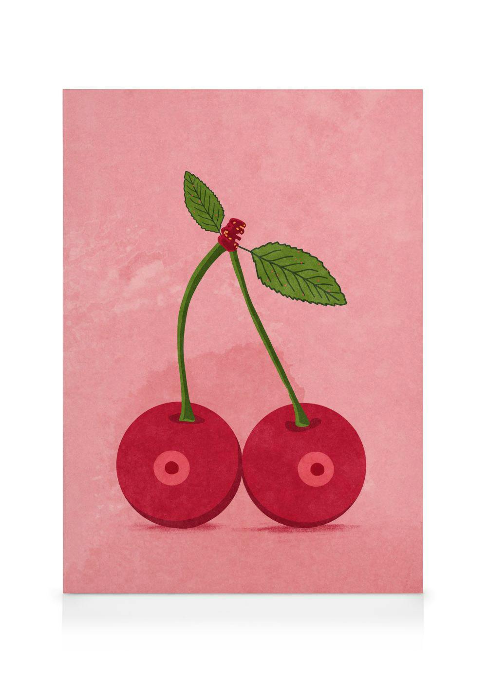 Toile de deux cerises rouges sur fond rose avec un effet texturé. Typographie amusante.