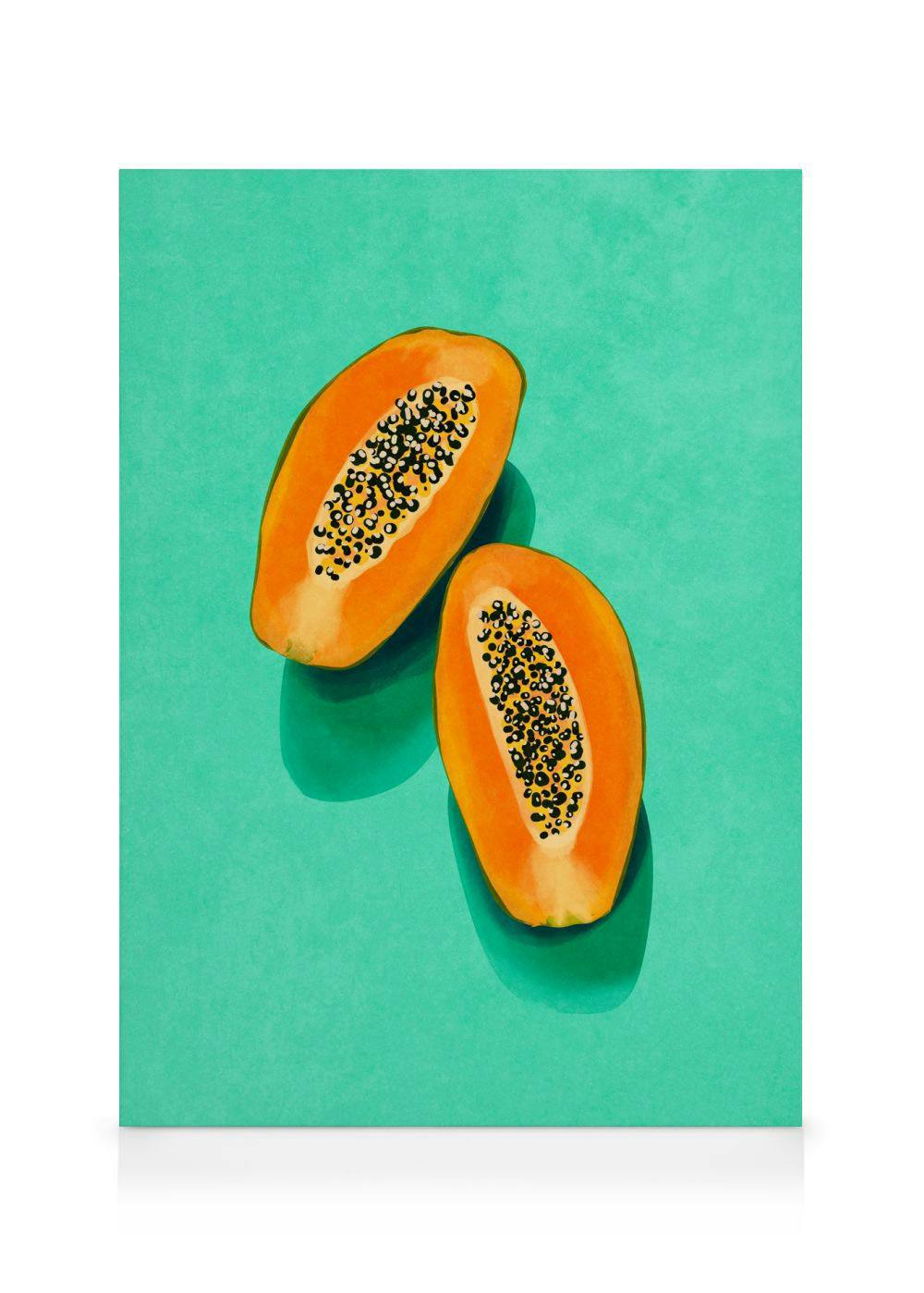 Two bright orange papaya halves with black seeds on a textured turquoise background, tropical fruit art.