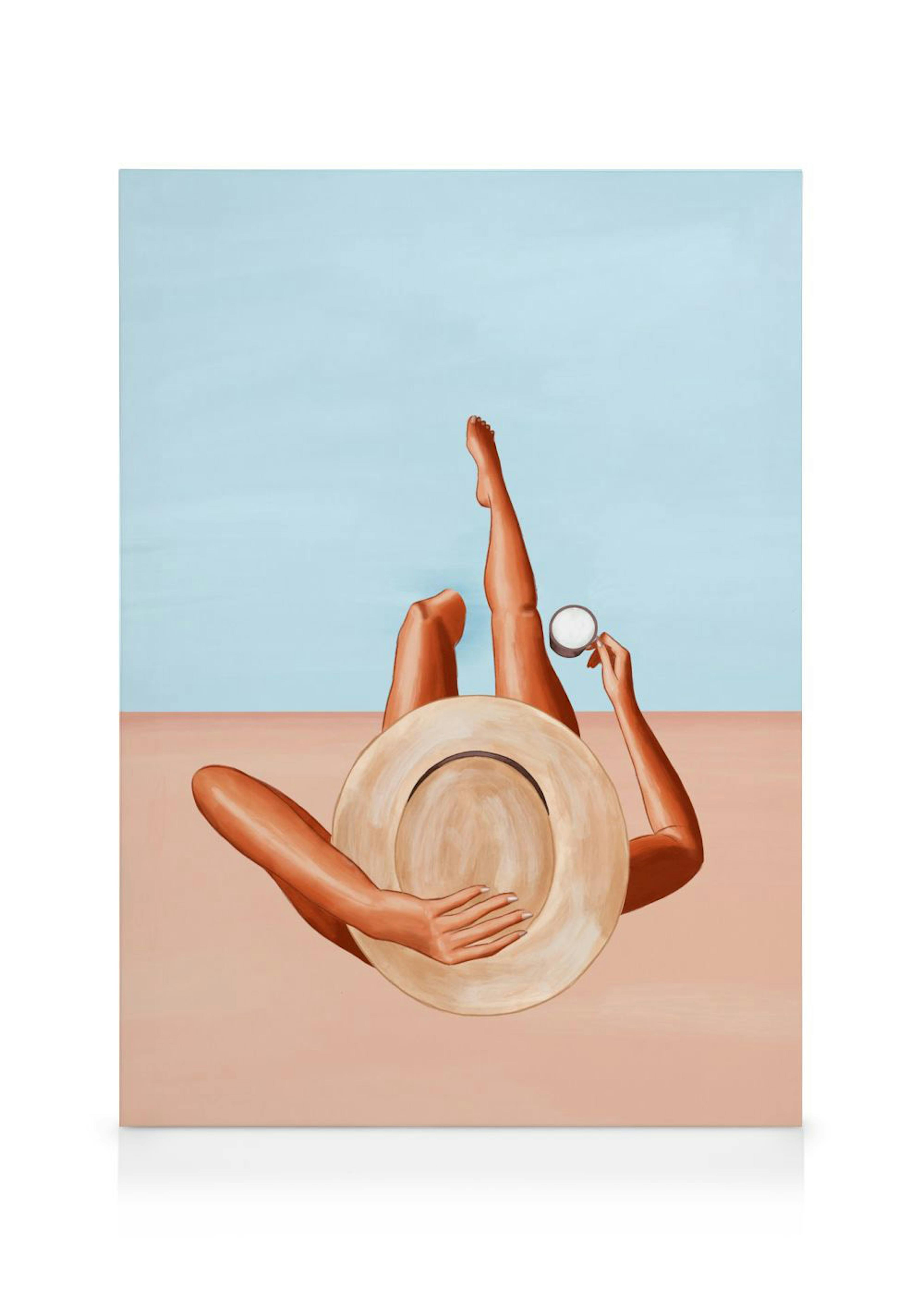 Woman in orange swimwear by a pool, holding a hat and cup, on a canvas print with orange and blue sections.