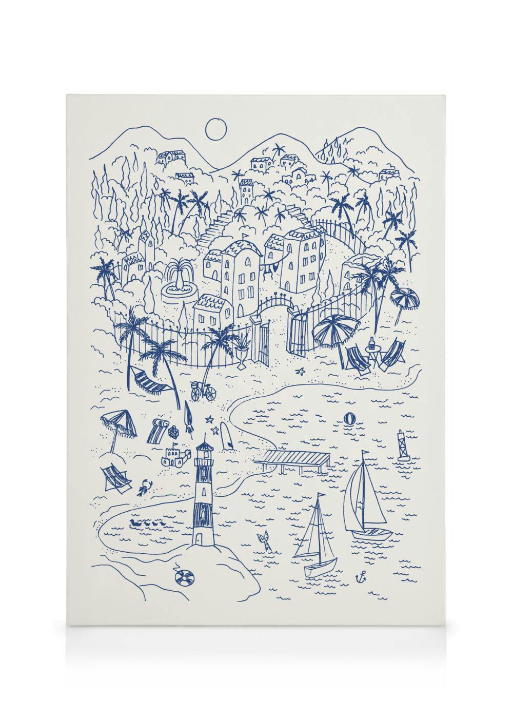 Gedetailleerde blauwe inkttekening van een kustlandschap met gebouwen, boten, palmbomen en vuurtoren, zomer canvas.