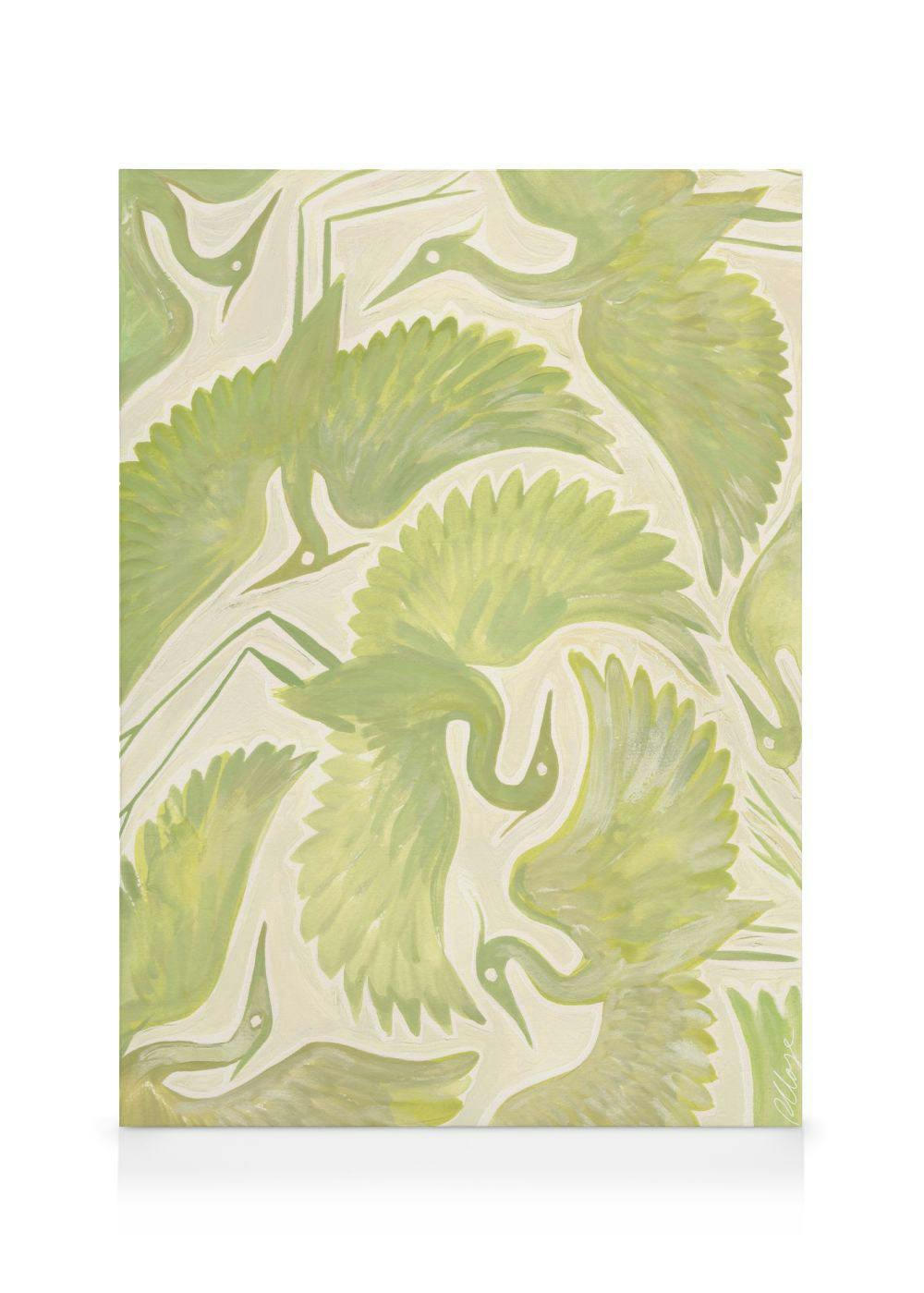 Green herons canvas print with abstract textured leaf shapes in light green and yellow on a cream background.