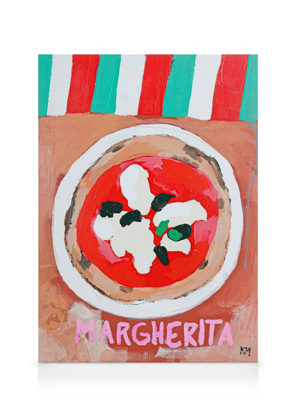 Stampa su tela colorata di pizza Margherita con pomodoro, mozzarella e basilico su sfondo a strisce rosse, bianche e verdi.