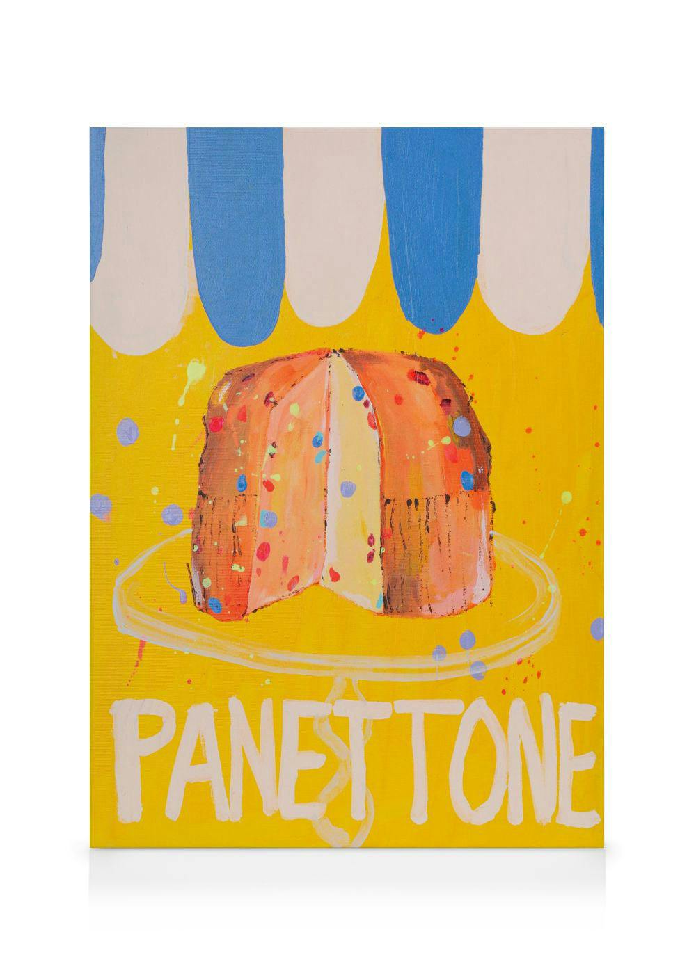Fargerikt panettone lerret på gul bakgrunn med røde, blå og oransje malingsflekker, og hvit PANETTONE tekst.