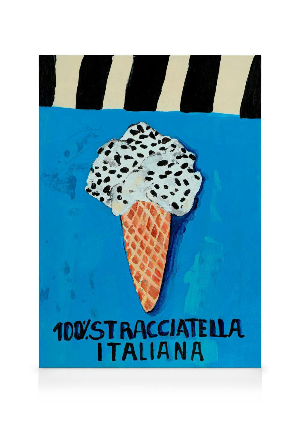 Vibrant pop art canvas of a stracciatella ice cream cone on a blue background with bold black and beige stripes.
