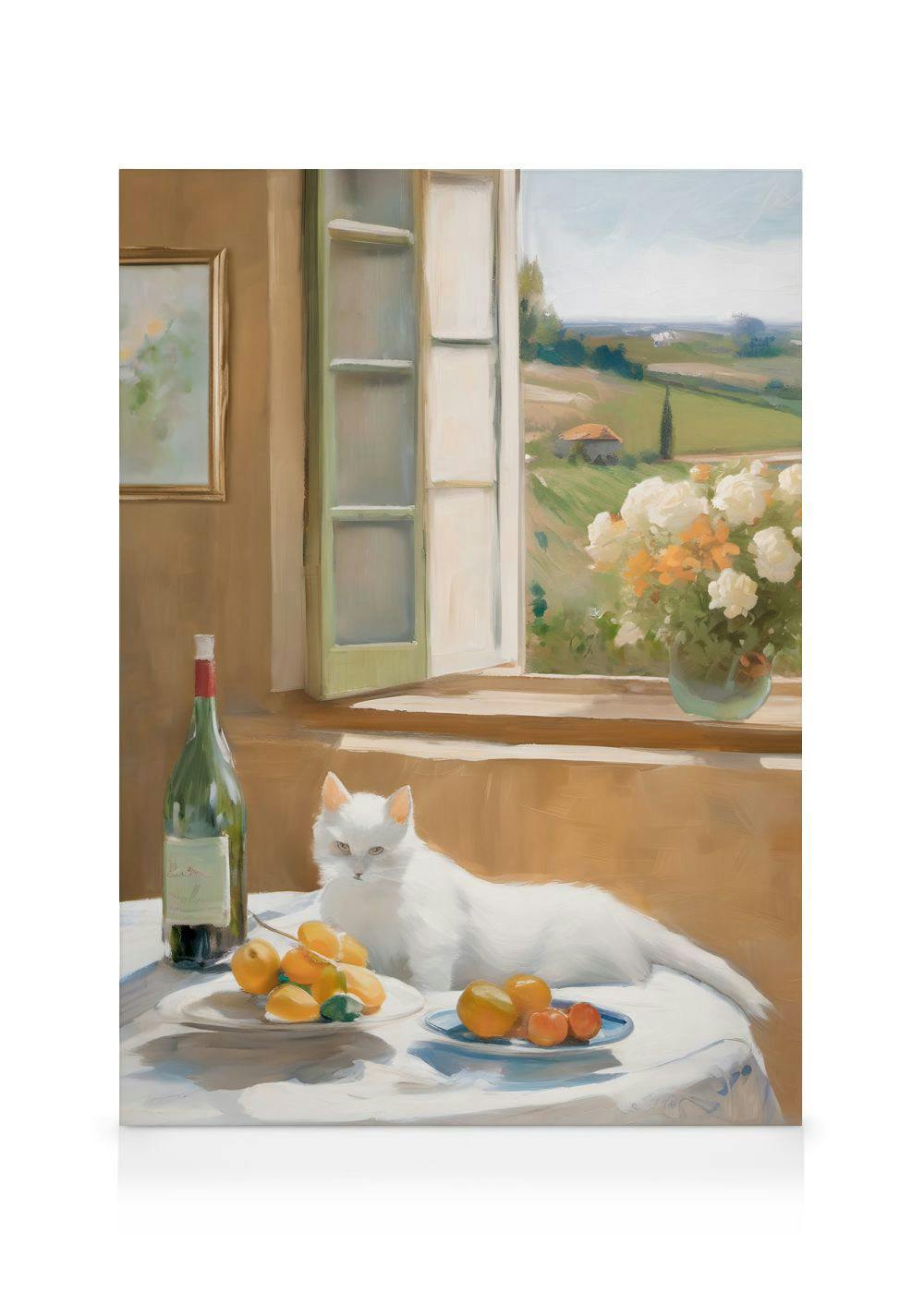 Oil painting style canvas of a white cat on a table with fruit, a green bottle, and a window view of hills.