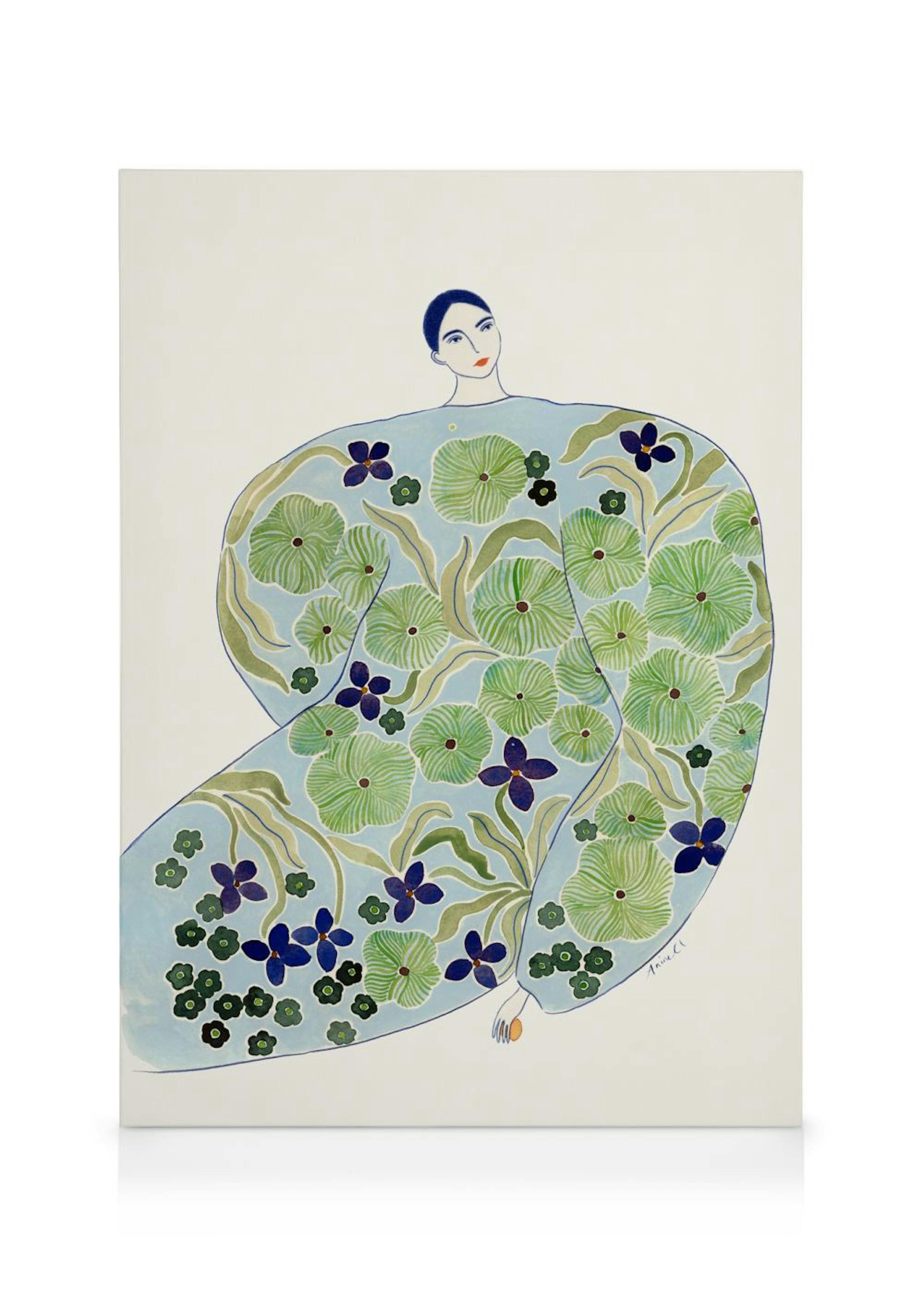 Stylised fashion print of a black-haired figure wearing a blue cloak with green and purple floral patterns.