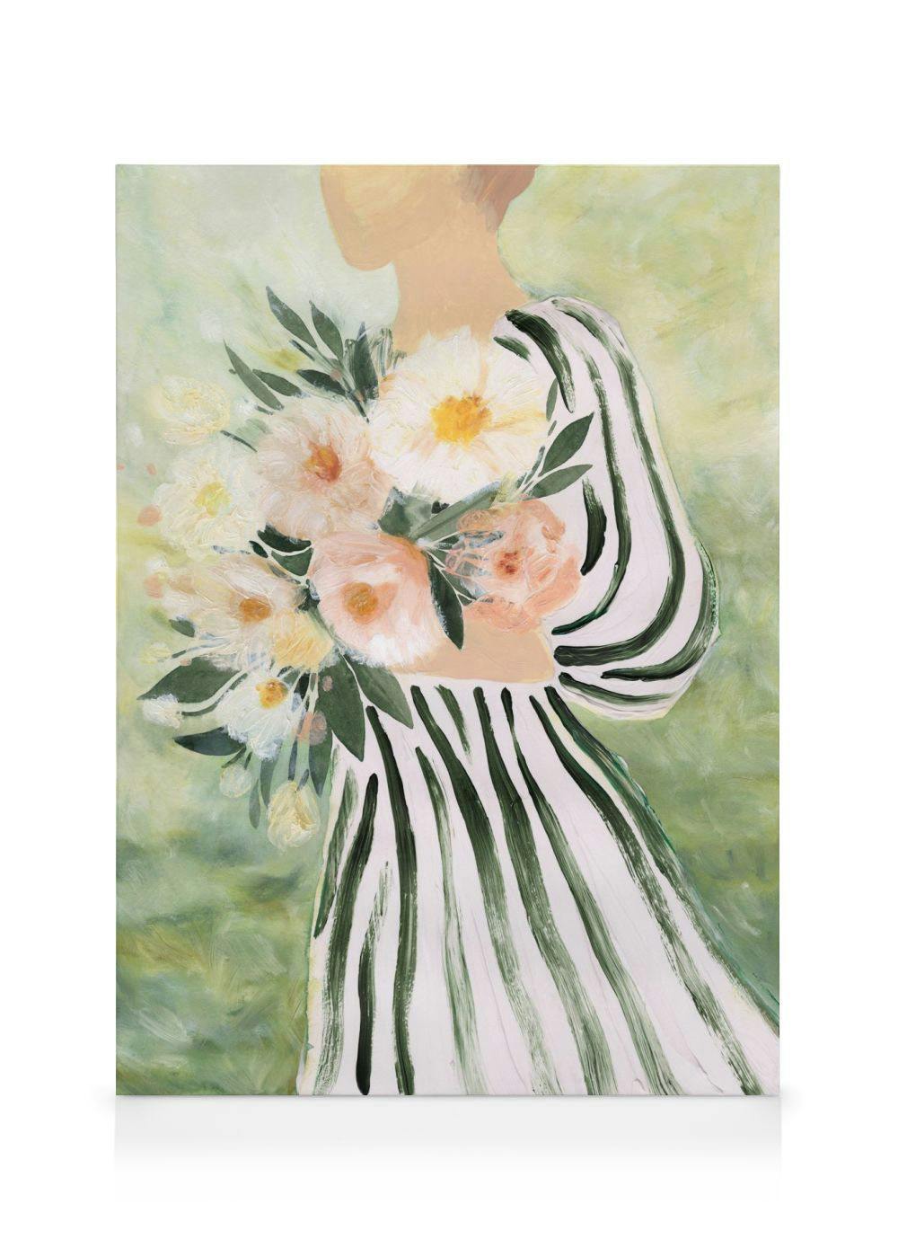 Botanical female canvas print, a woman in striped dress holding a large bouquet of colorful flowers.