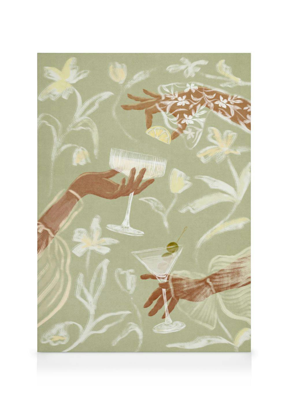Illustratie van handen die cocktails vasthouden, omringd door gestileerde bloemen op een groene achtergrond. Perfect voor een co