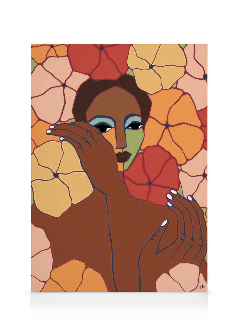 Cortney Herrons Beautiful Chaos canvas print with a womans face and hands surrounded by colorful flowers.