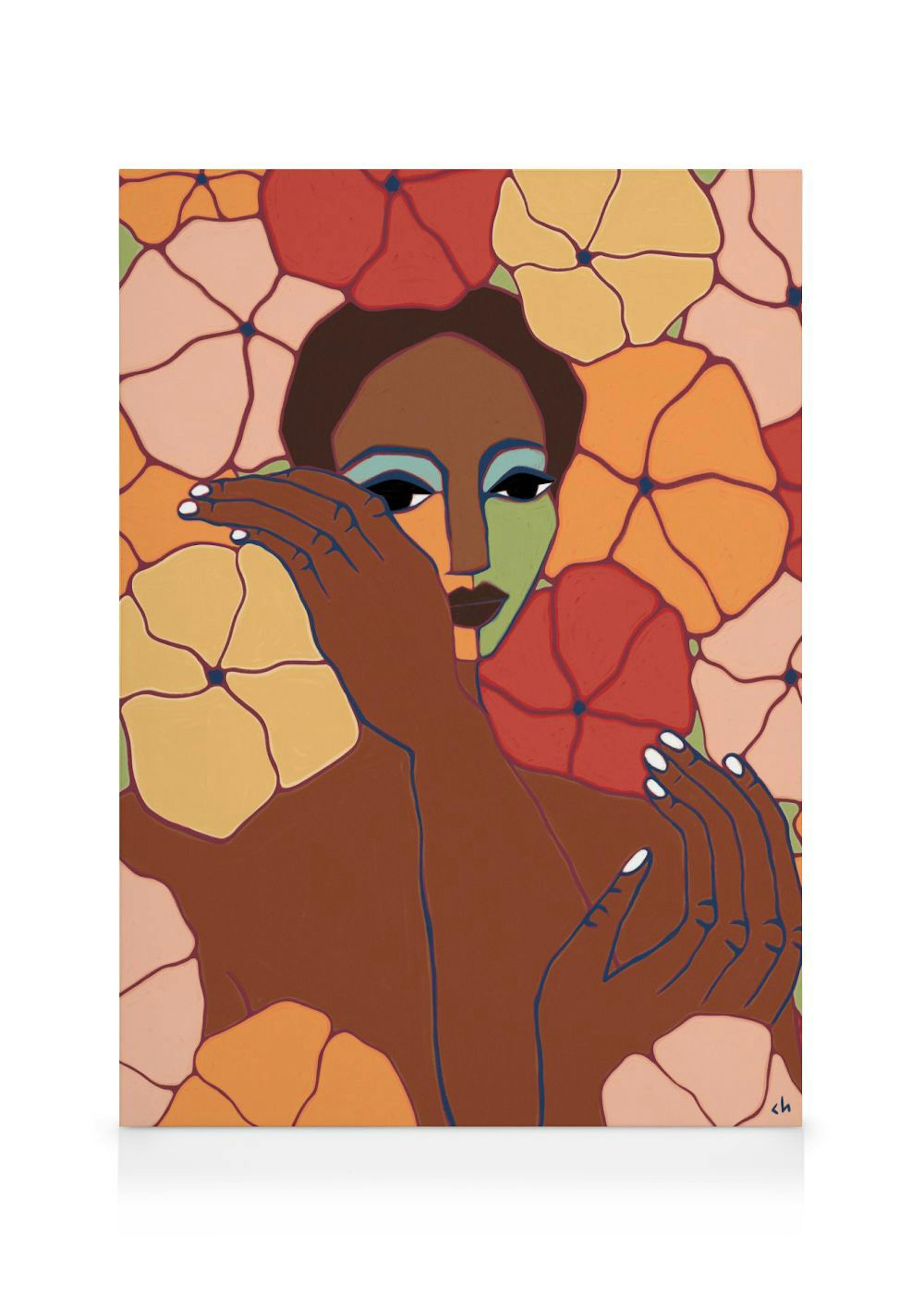 Lienzo de Cortney Herron, rostro femenino con maquillaje azul y verde, manos cubriendo parte de la cara, rodeado de flores color