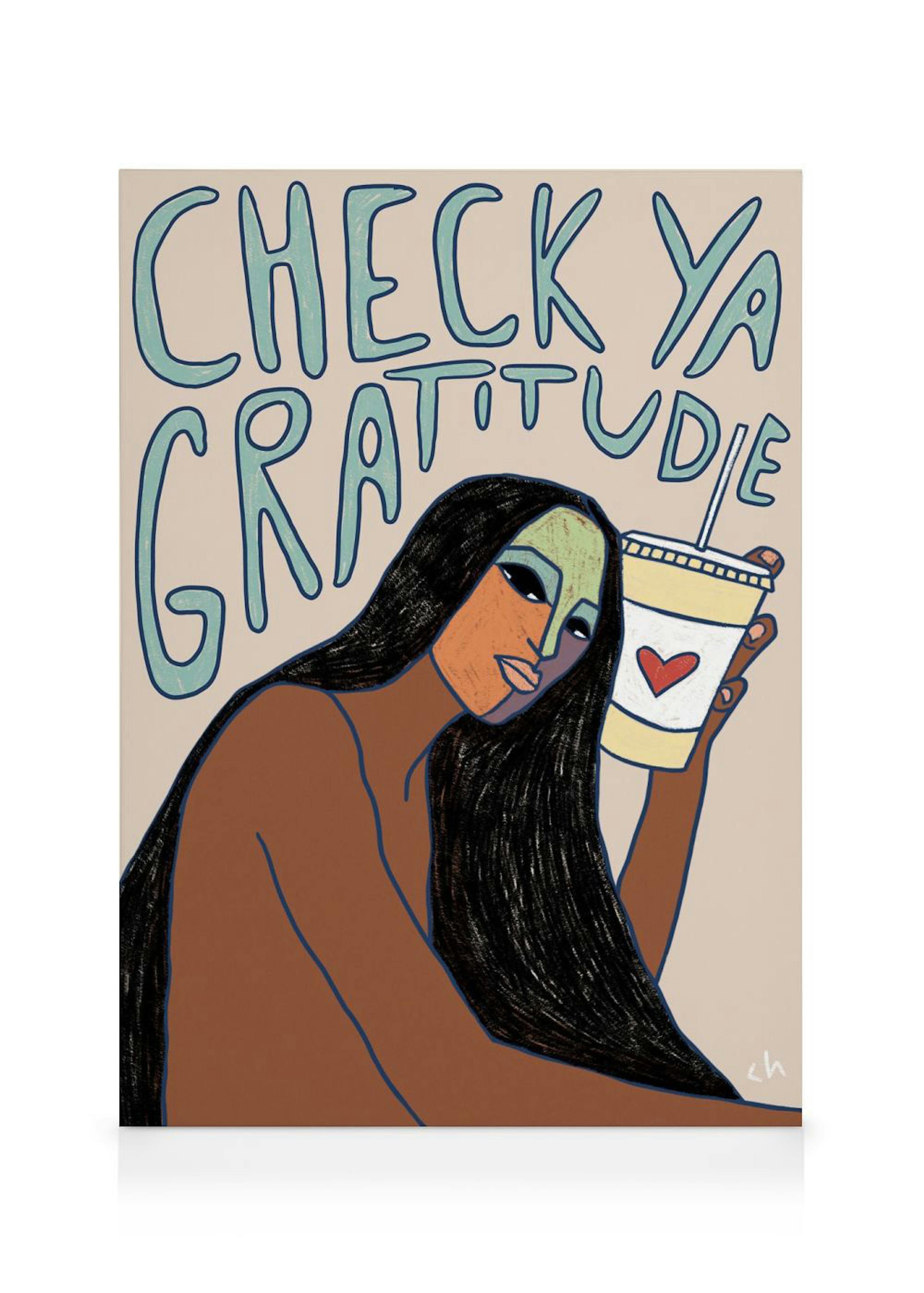 Ilustración de una mujer con cabello largo y oscuro, sostiene una bebida con un corazón rojo, con el texto CHECK YA GRATITUDE