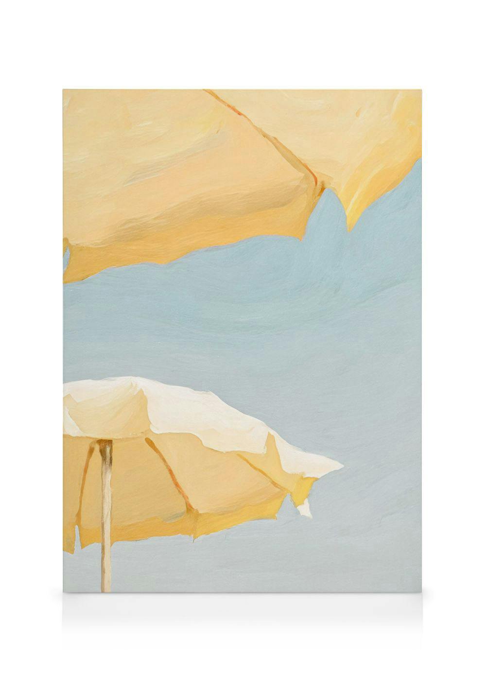 Schilderij van gele parasols op een strand tegen een lichtblauwe lucht, met zonnige, lichte tinten.