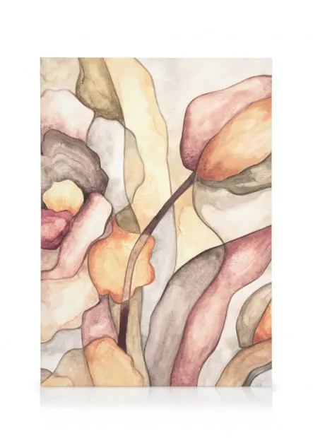 Abstract print with organic shapes in earthy tones of brown, beige, peach, and muted red, with a dark curved line.