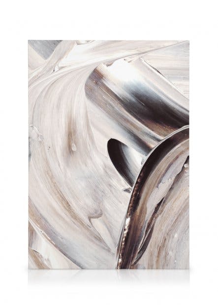 Abstract print with swirling white, beige, brown, and grey paint strokes creating a textured, metallic effect.