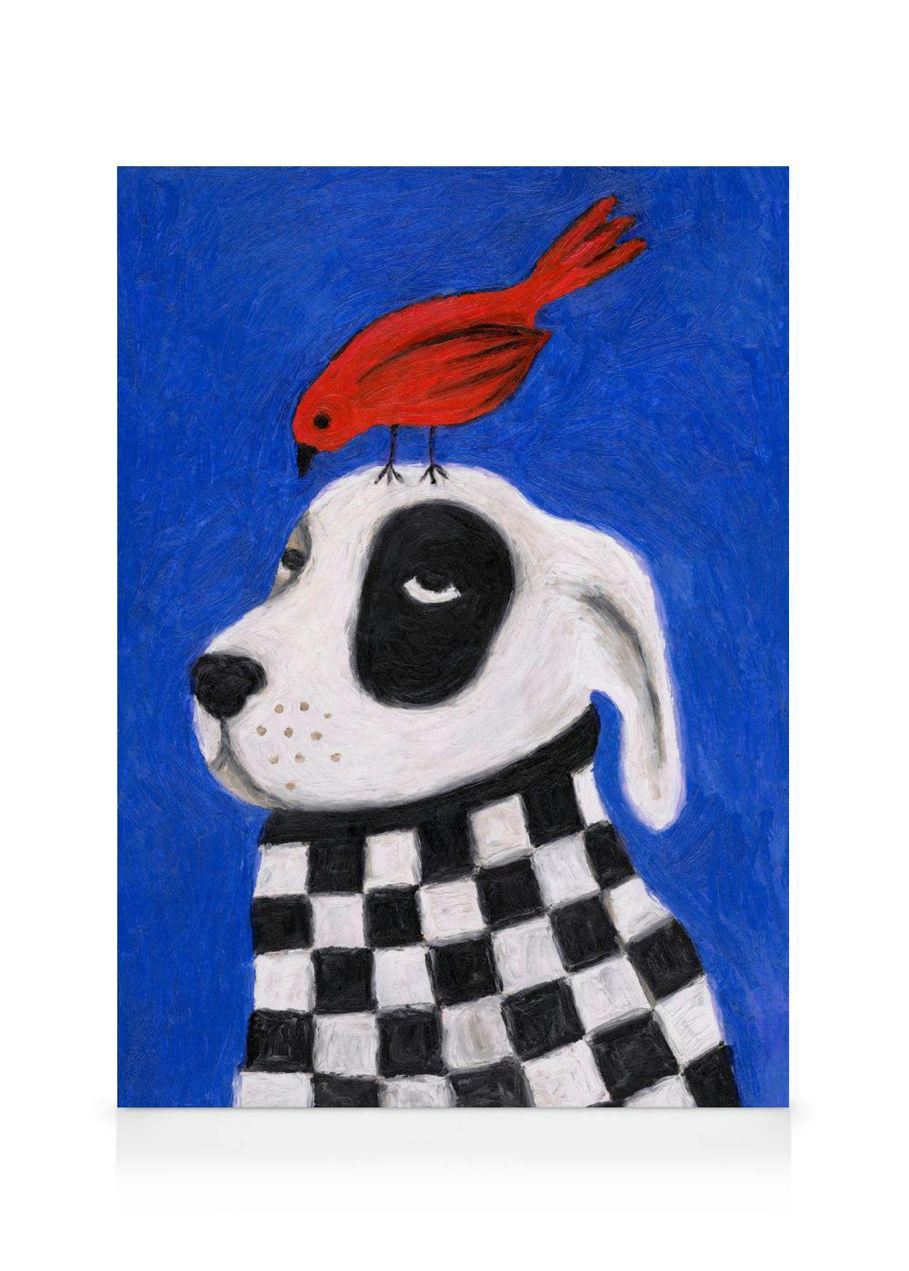 Oil painting of a white dog with black eye patch and checkered body, a red bird perched on its head, on a blue canvas.
