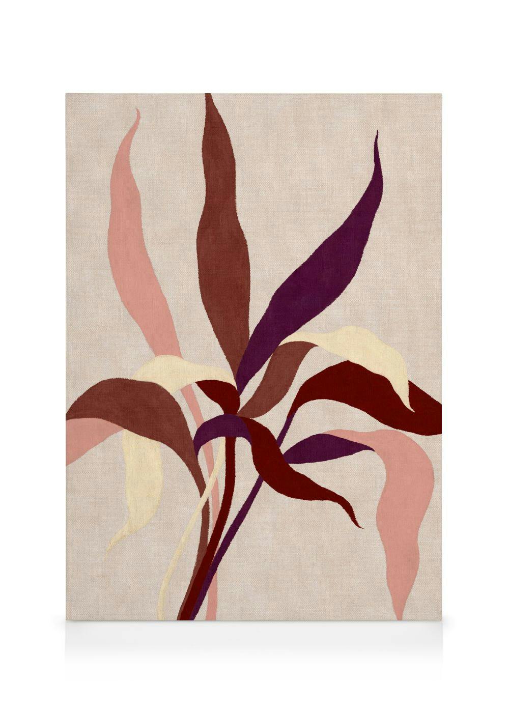 Botanical illustration canvas of abstract leaves in shades of plum, burgundy, pink, and cream on a linen-textured background.