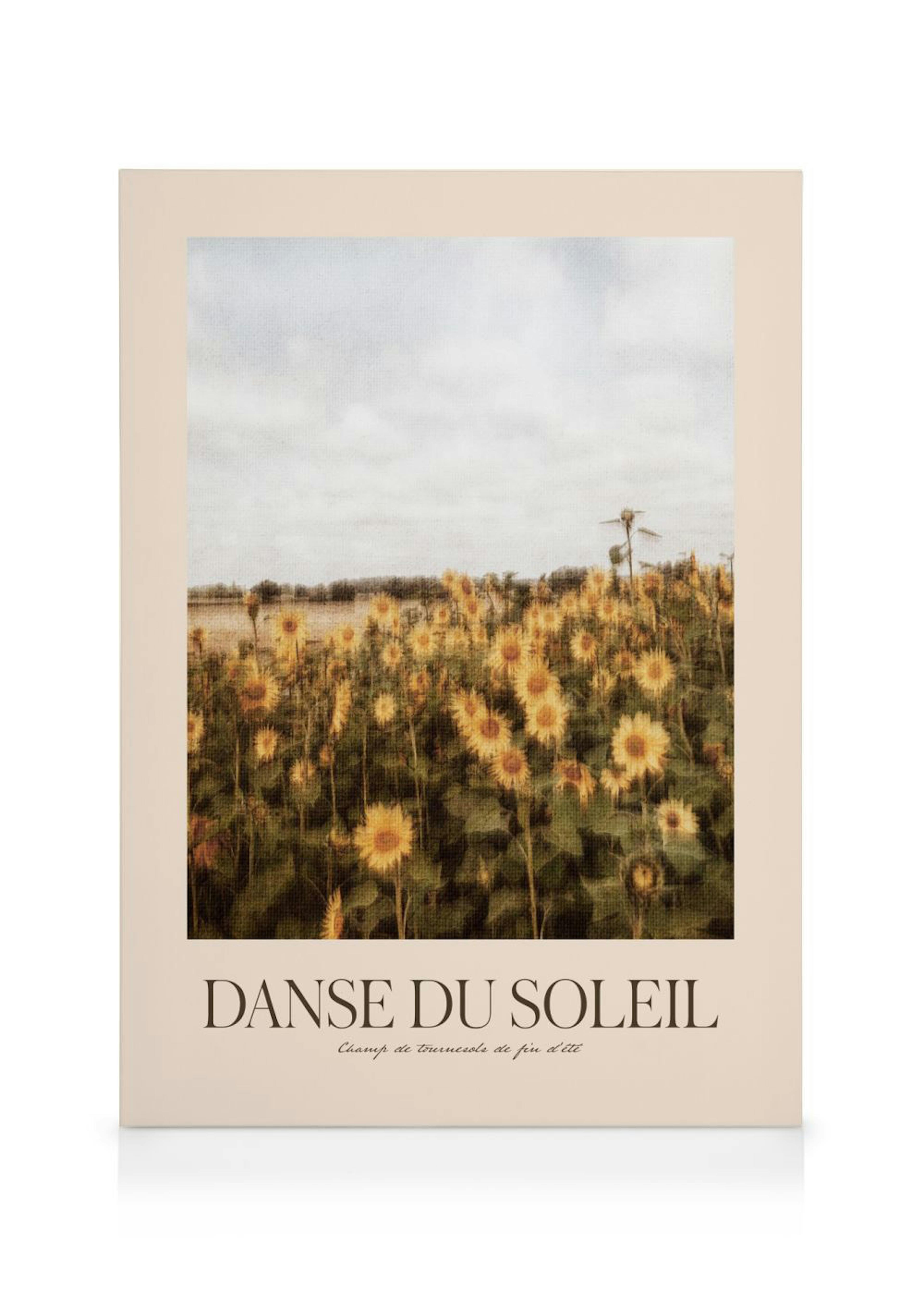 Toile champ de tournesols jaunes sous un ciel nuageux, avec texte Danse du Soleil et typographie Champ de tournesols de fin dété