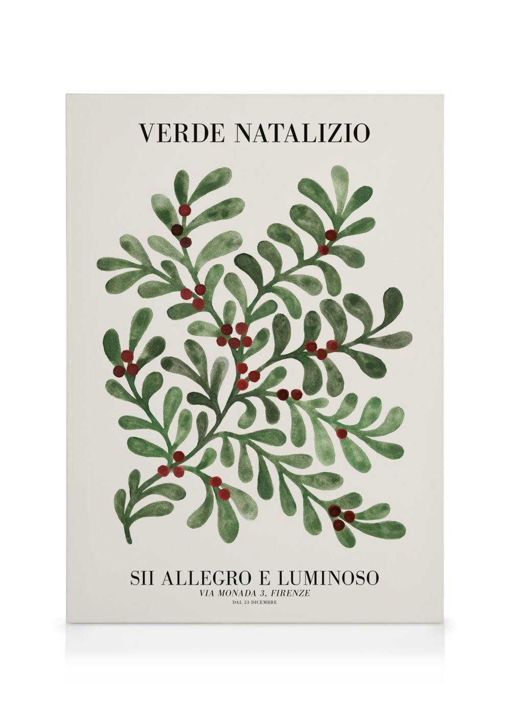 Festive canvas print with hand-painted green leaves and red berries on a beige background, Italian text