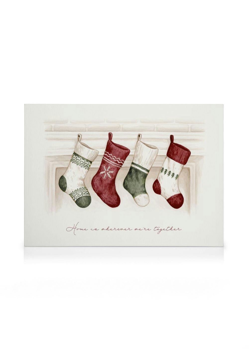 Illustration of four Christmas stockings, red, green, and white, hanging from a fireplace mantel. Festive holiday decor.